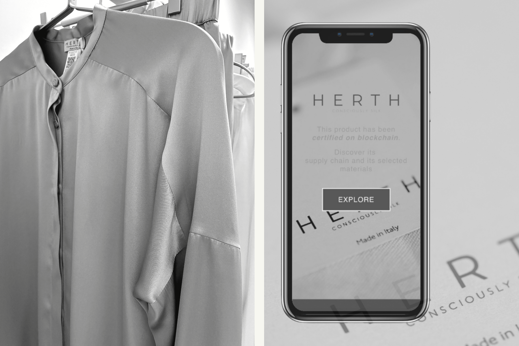 HERTH organic silk garment beside smartphone showing blockchain-certified digital passport, symbolising transparency in sustainable luxury.