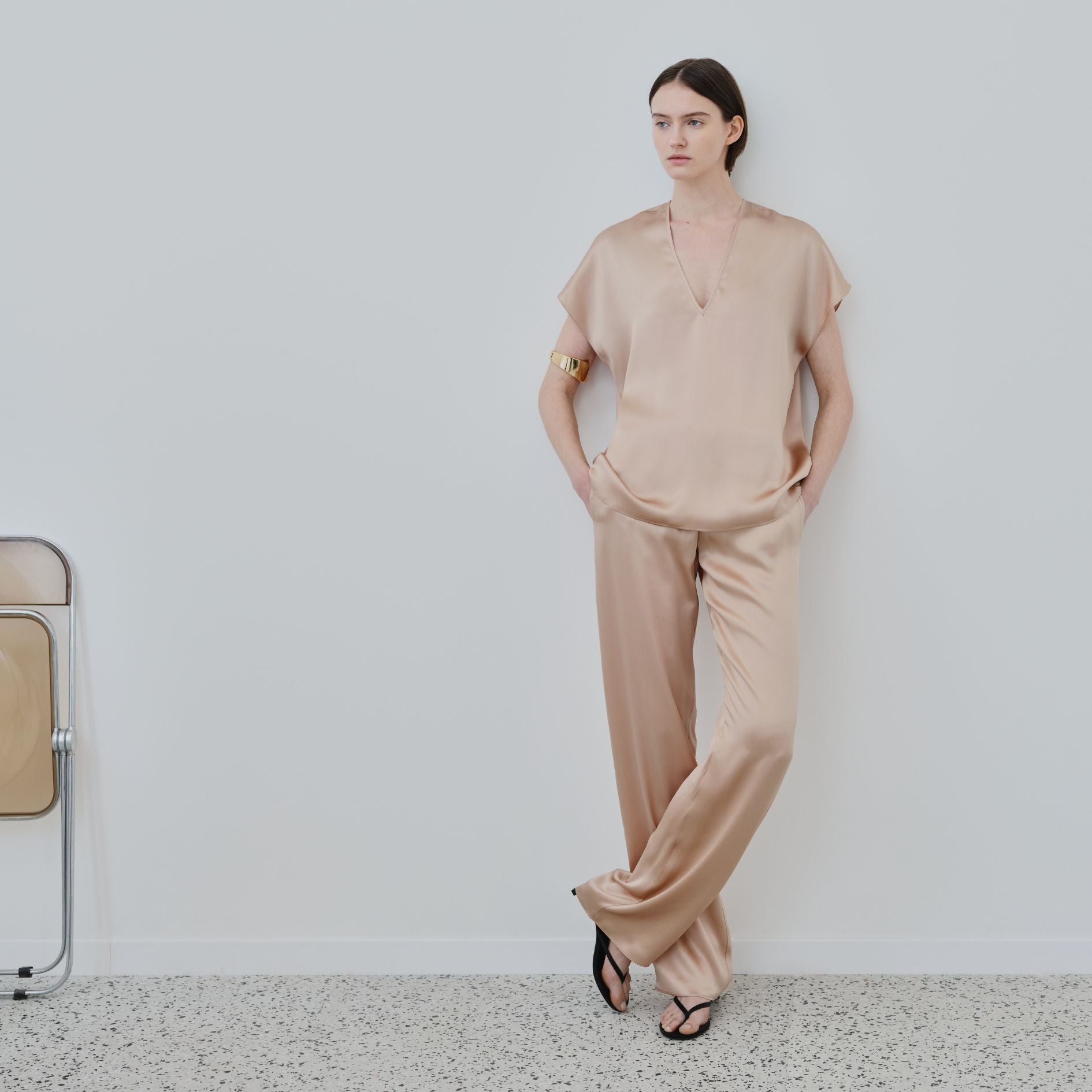 Cleo shirt and James pants in Sand organic silk — sustainable womenswear from HERTH’s trousers and shorts collection