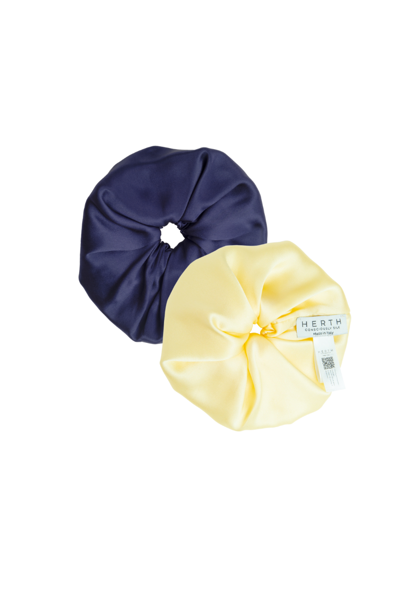 EDI: NAVY BLUE AND BUTTER YELLOW CERTIFIED ORGANIC SILK SCRUNCHIES SET
