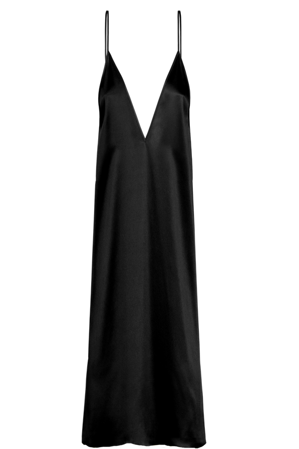 INEZ: V-NECK FRONT-BACK SLIP MAXI DRESS IN GOTS ORGANIC BLACK SILK