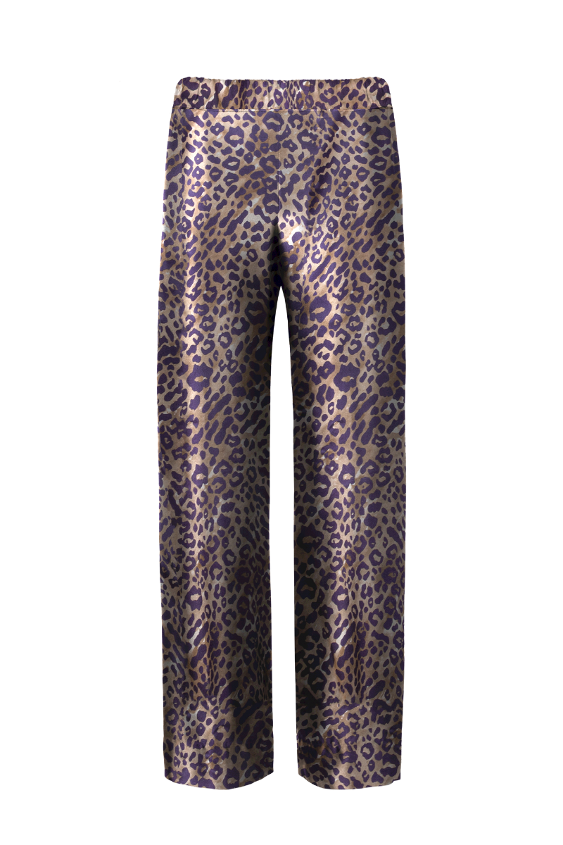 Alex leopard print silk trousers crafted from GOTS-certified organic silk — bold and sustainable womenswear by HERTH.