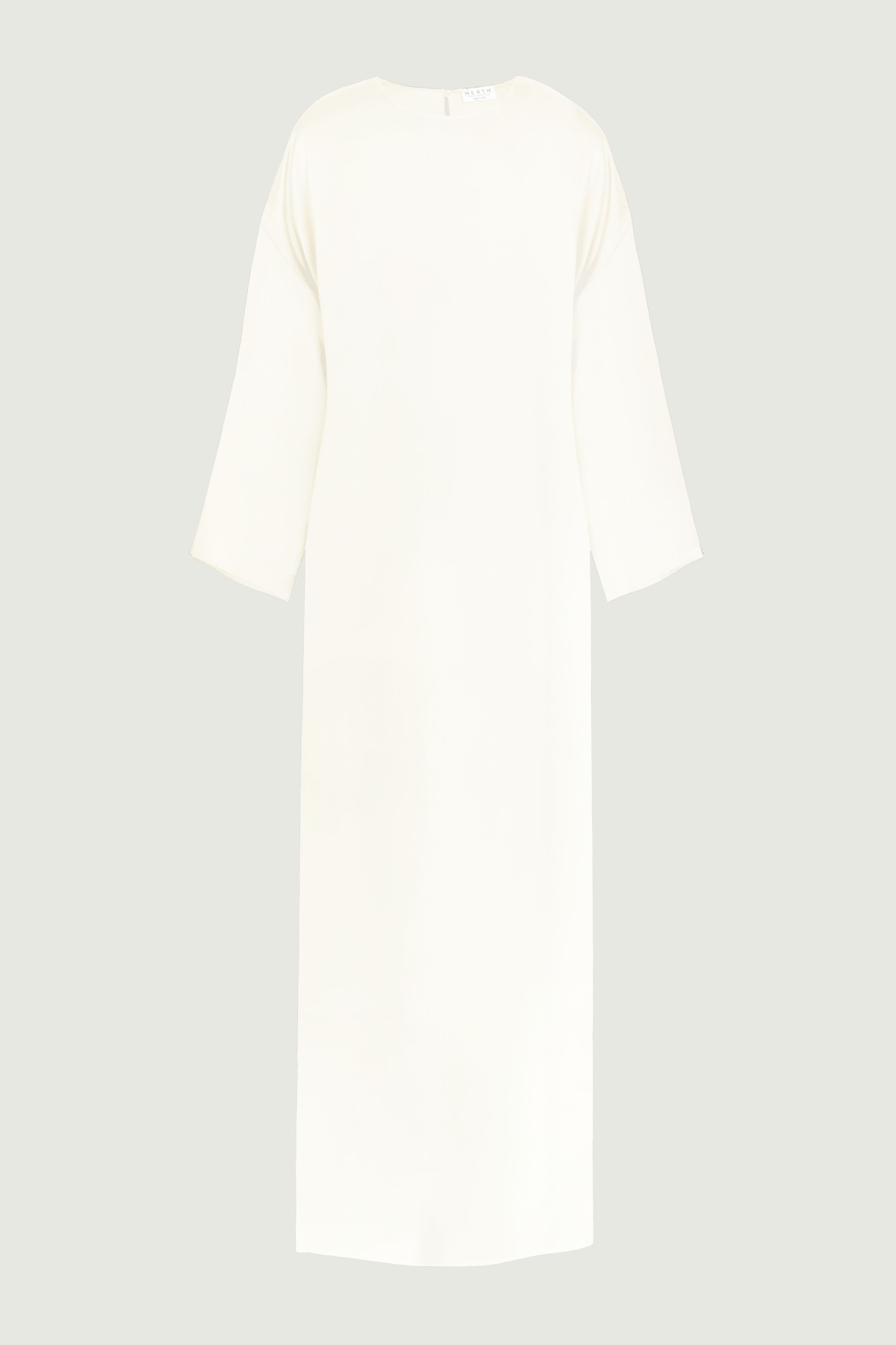 Almond silk long sleeve maxi dress with relaxed fit and wide sleeves, front view