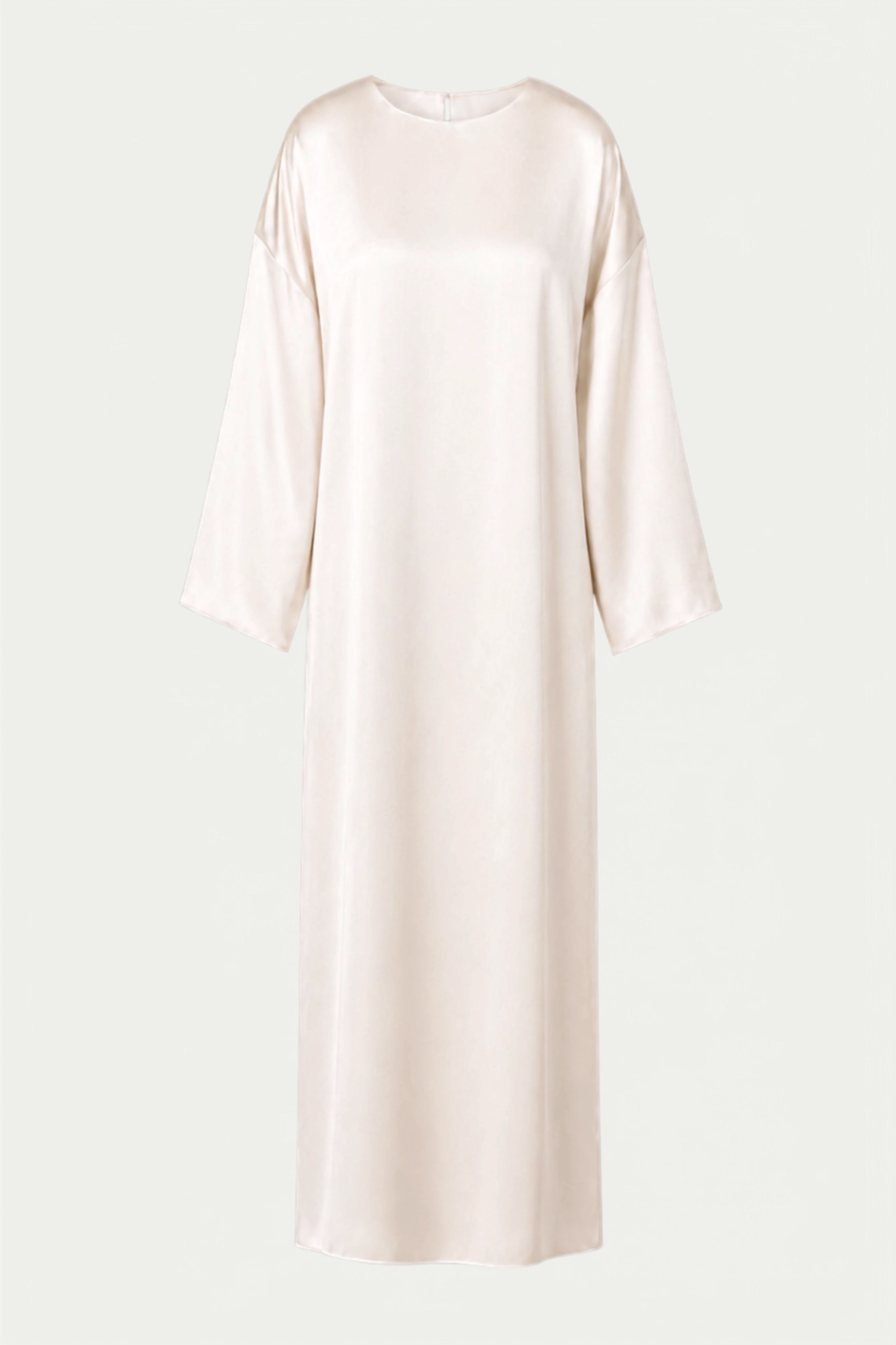 HERTH Alma organic silk maxi dress in Almond, front still life view with long wide sleeves.