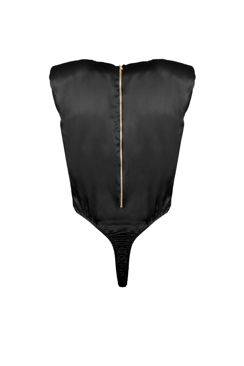 Back view of Amy bodysuit in black — signature gold zipper and refined silhouette in sustainable silk by HERTH.