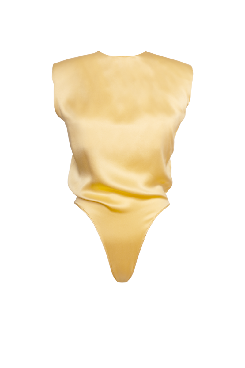 Front view of Amy padded shoulder bodysuit in Desert – crafted from organic silk with a sculptural silhouette and elevated neckline. Luxury sustainable womenswear by HERTH.