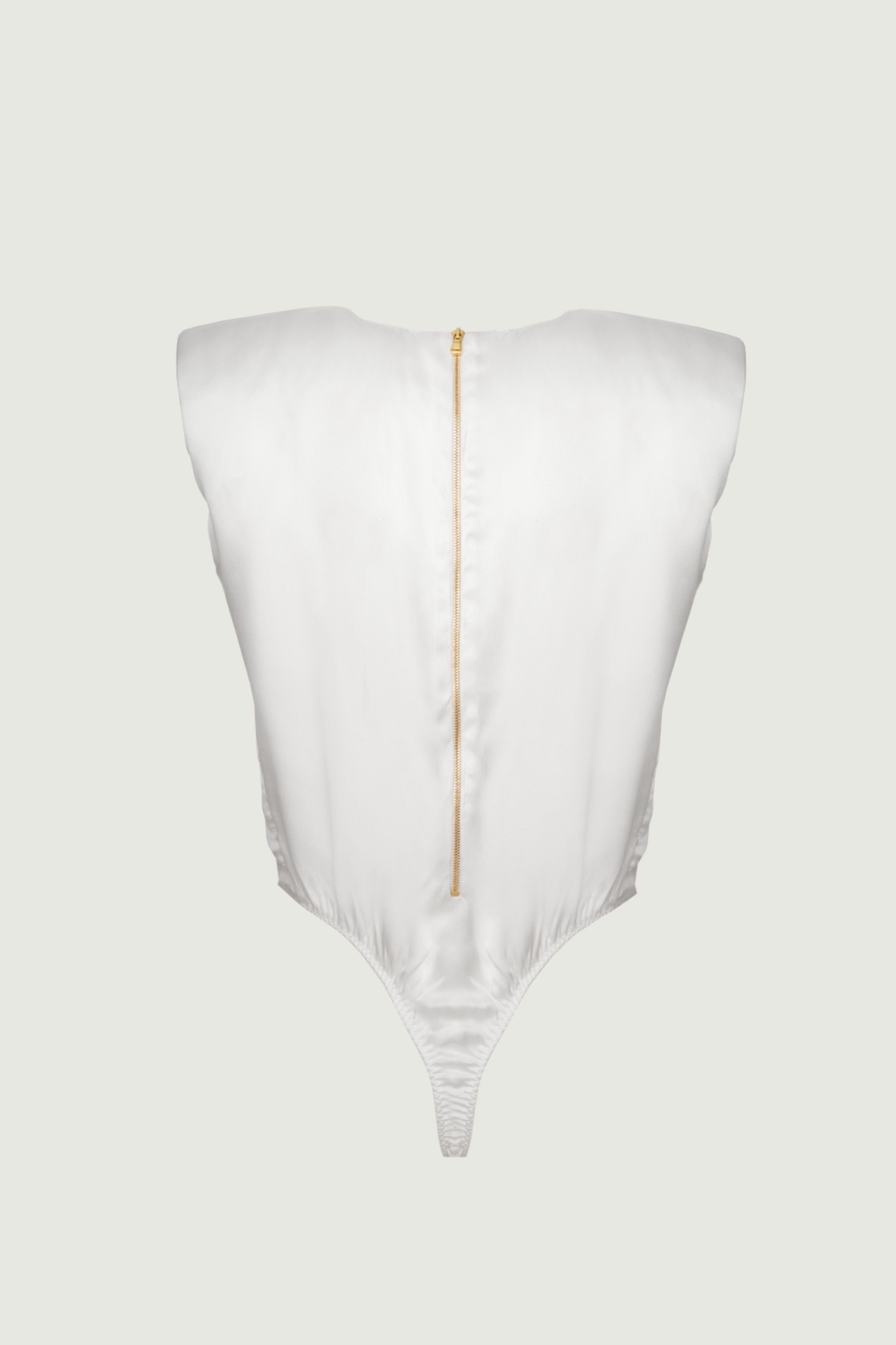 Amy bodysuit in ivory organic silk back view with central zipper and smooth structured fit, minimalist womenswear made in Italy