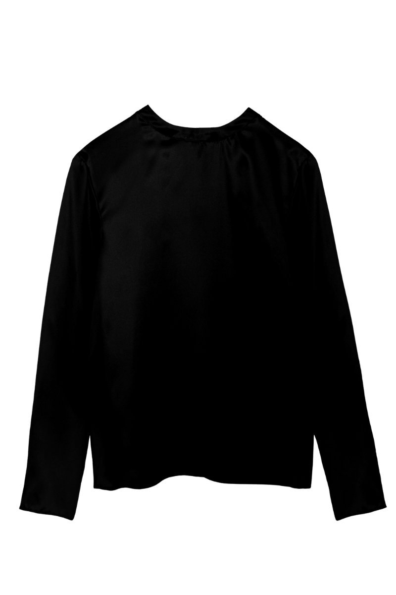 Front view of Andie long sleeve blouse in black organic silk — timeless womenswear by HERTH