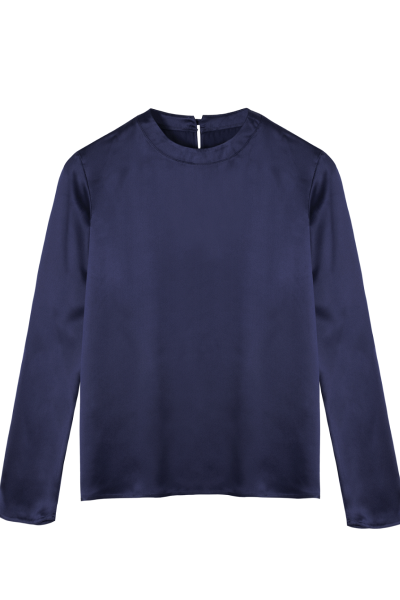 Andie long sleeve blouse in navy blue organic silk — timeless and versatile womenswear crafted from GOTS-certified silk by HERTH.