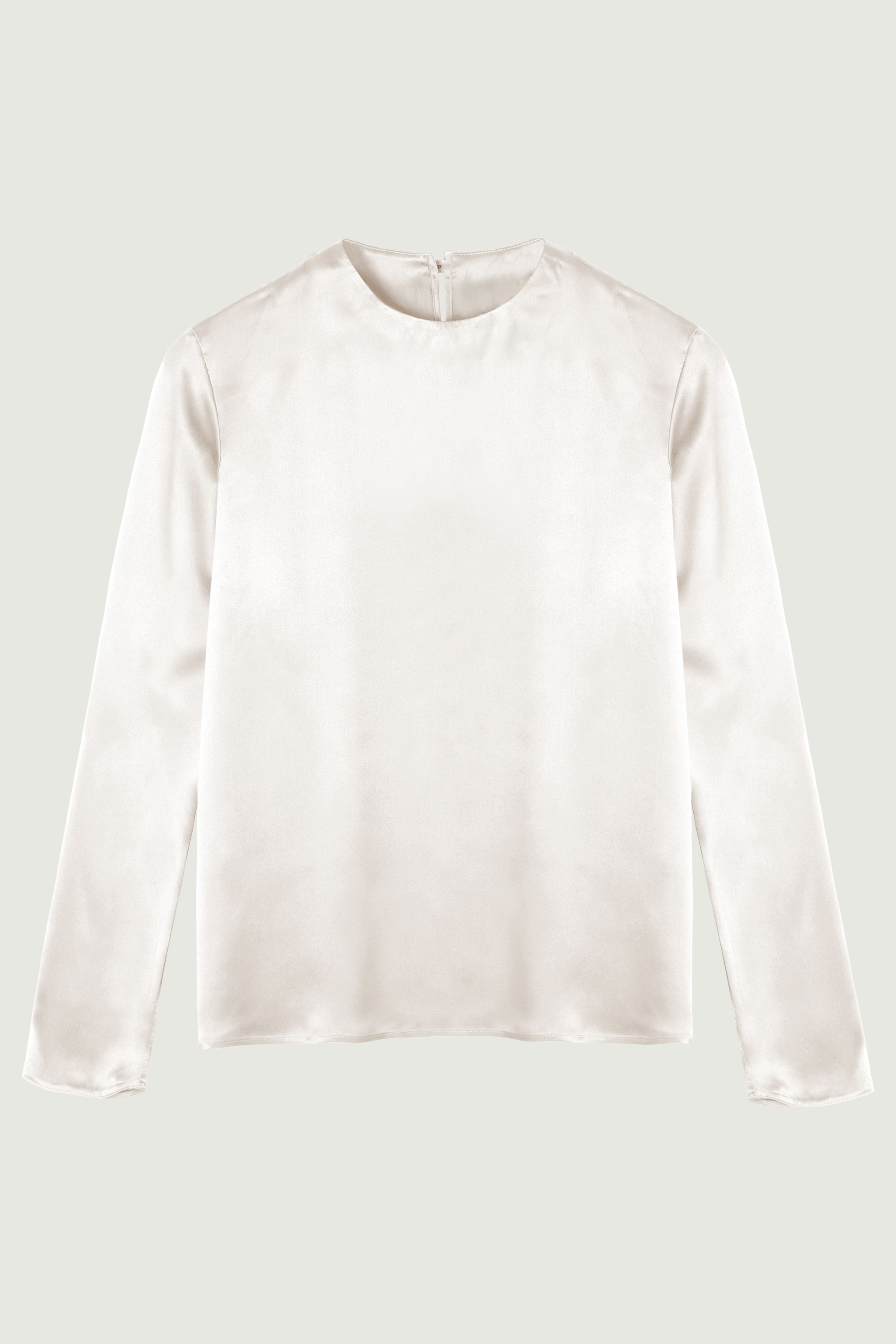 Andie long sleeve top in almond organic silk with clean neckline and fluid drape, refined womenswear made in Italy