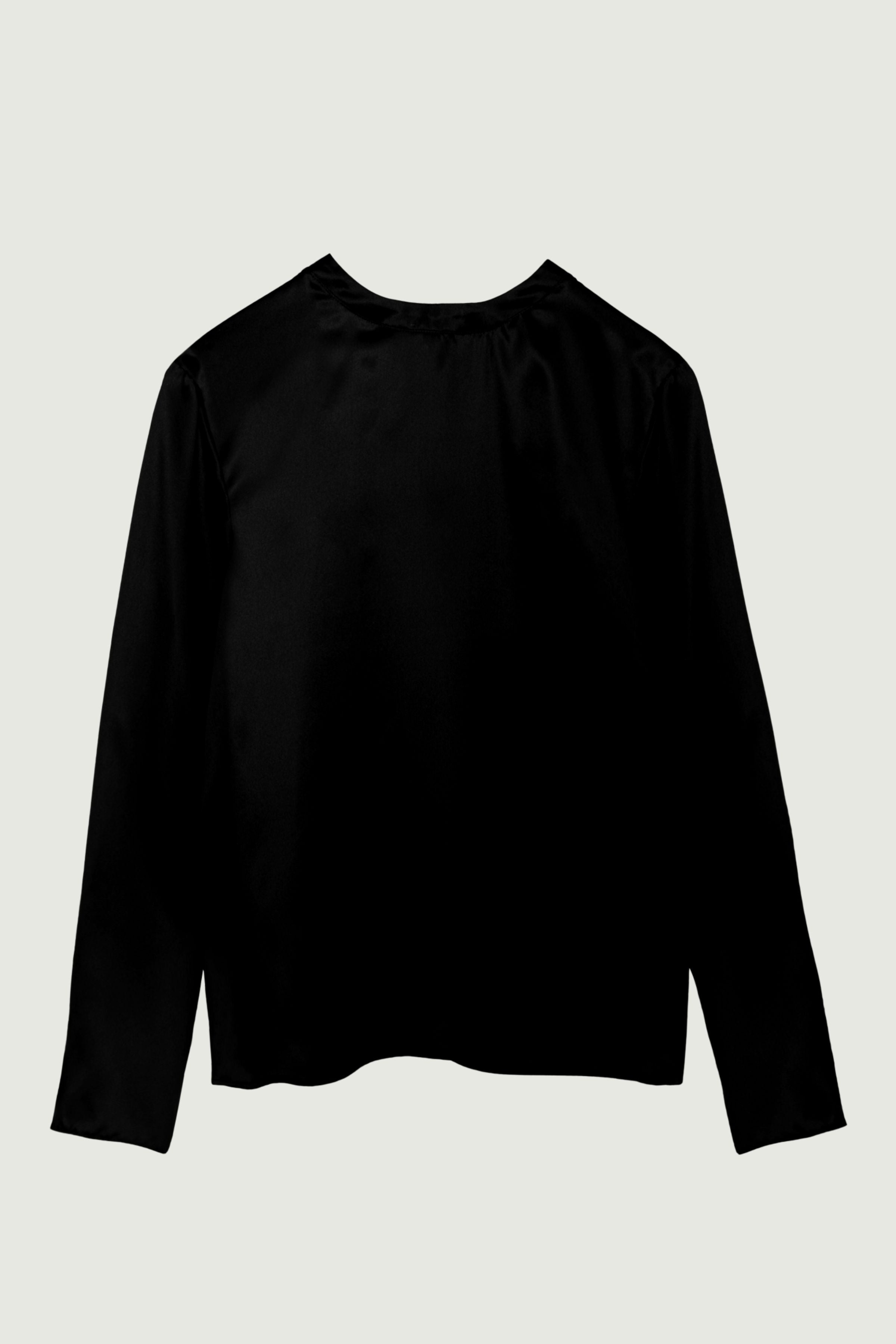 Andie long sleeve top in black organic silk with clean round neckline and fluid silhouette, minimalist womenswear made in Italy