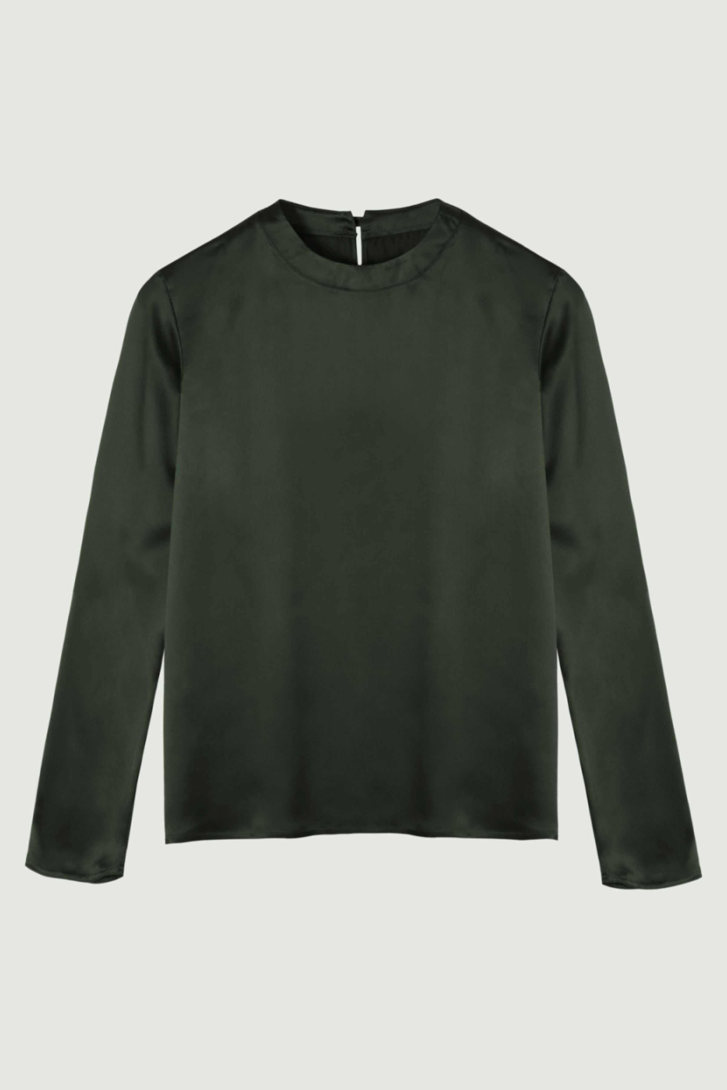 Andie long sleeve top in deep green organic silk with clean round neckline and fluid drape, timeless womenswear made in Italy
