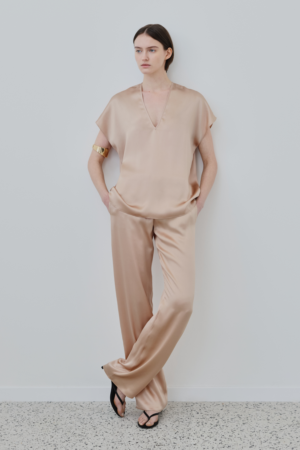 HERTH Cleo silk V-neck top and James wide-leg silk trousers in Sand — timeless womenswear set crafted from GOTS-certified organic silk for sustainable elegance