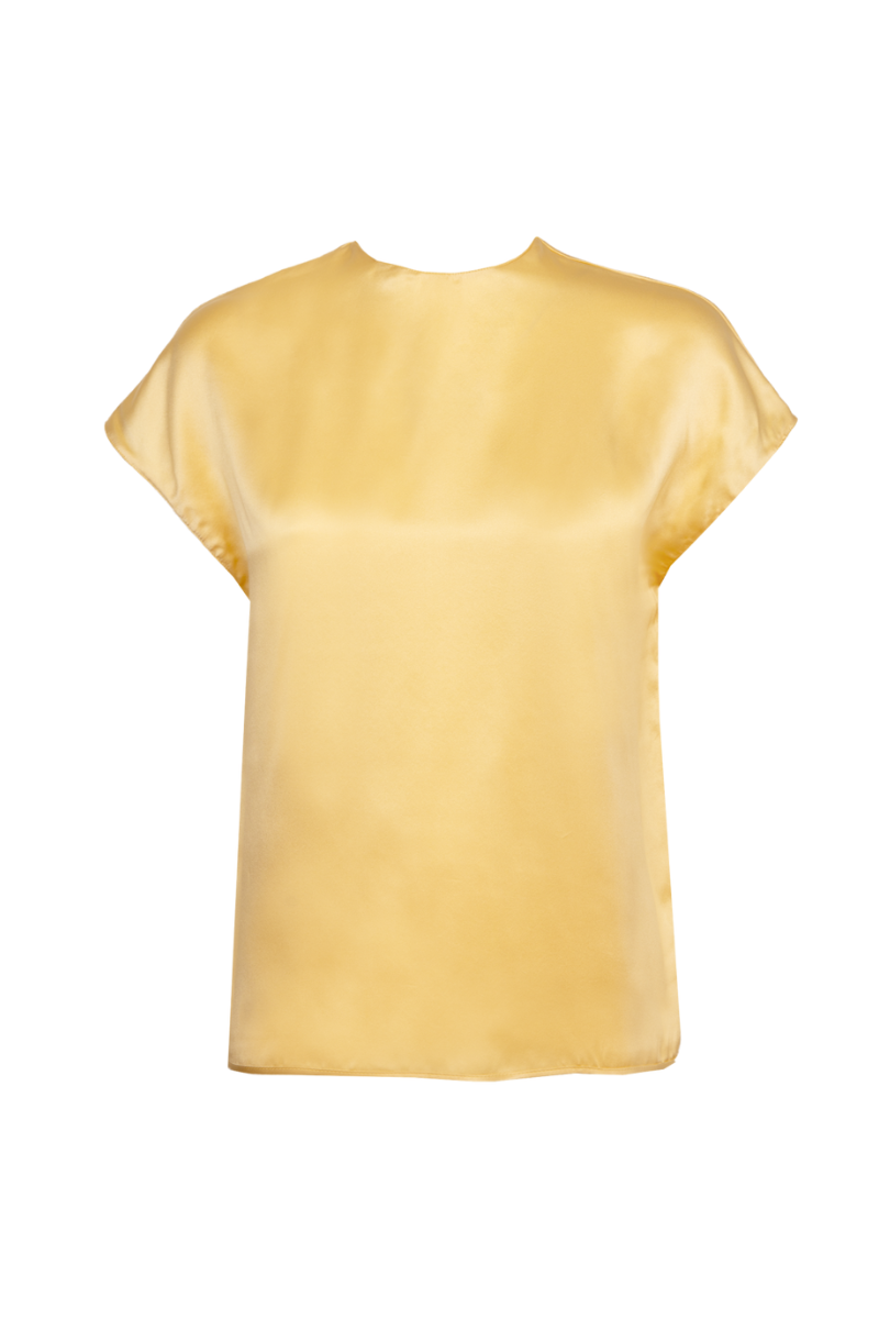Cora short-sleeve top in Desert — soft organic silk shirt in a timeless neutral tone. Sustainable womenswear by HERTH.