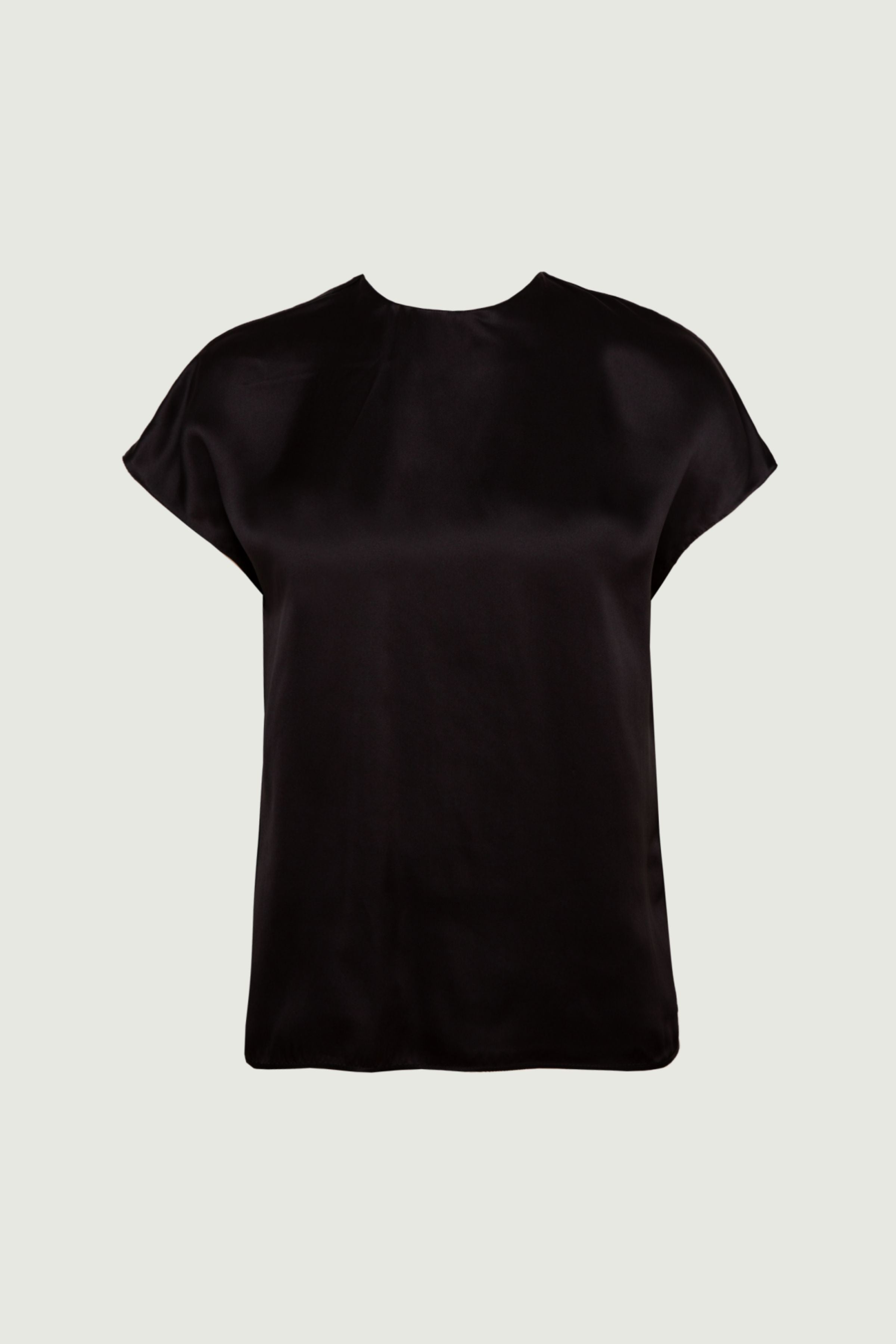 Black organic silk short sleeve top with relaxed silhouette and soft drape, front view, made in Italy