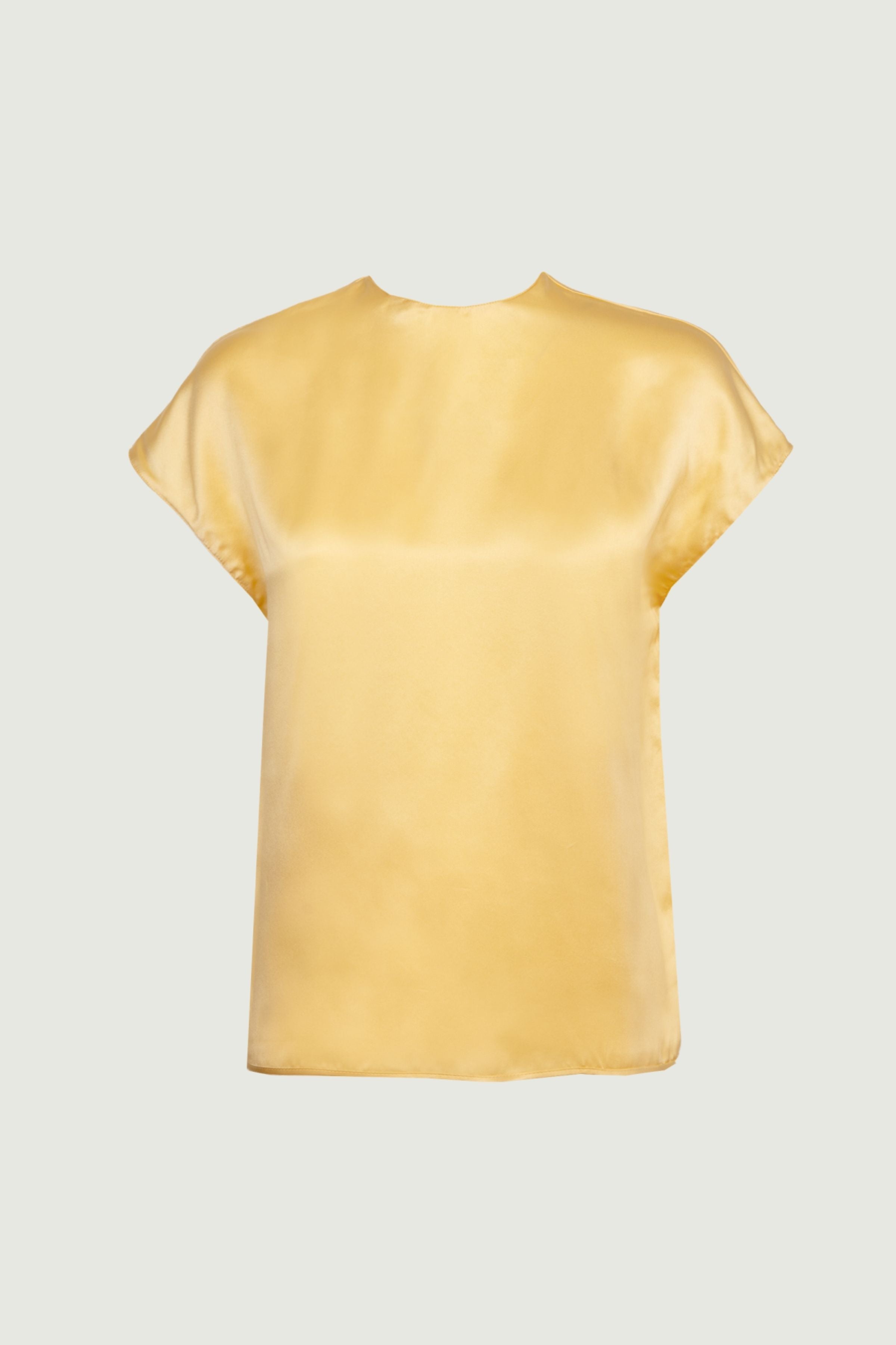 Desert tone organic silk short sleeve top with fluid drape and minimal silhouette, front view, made in Italy