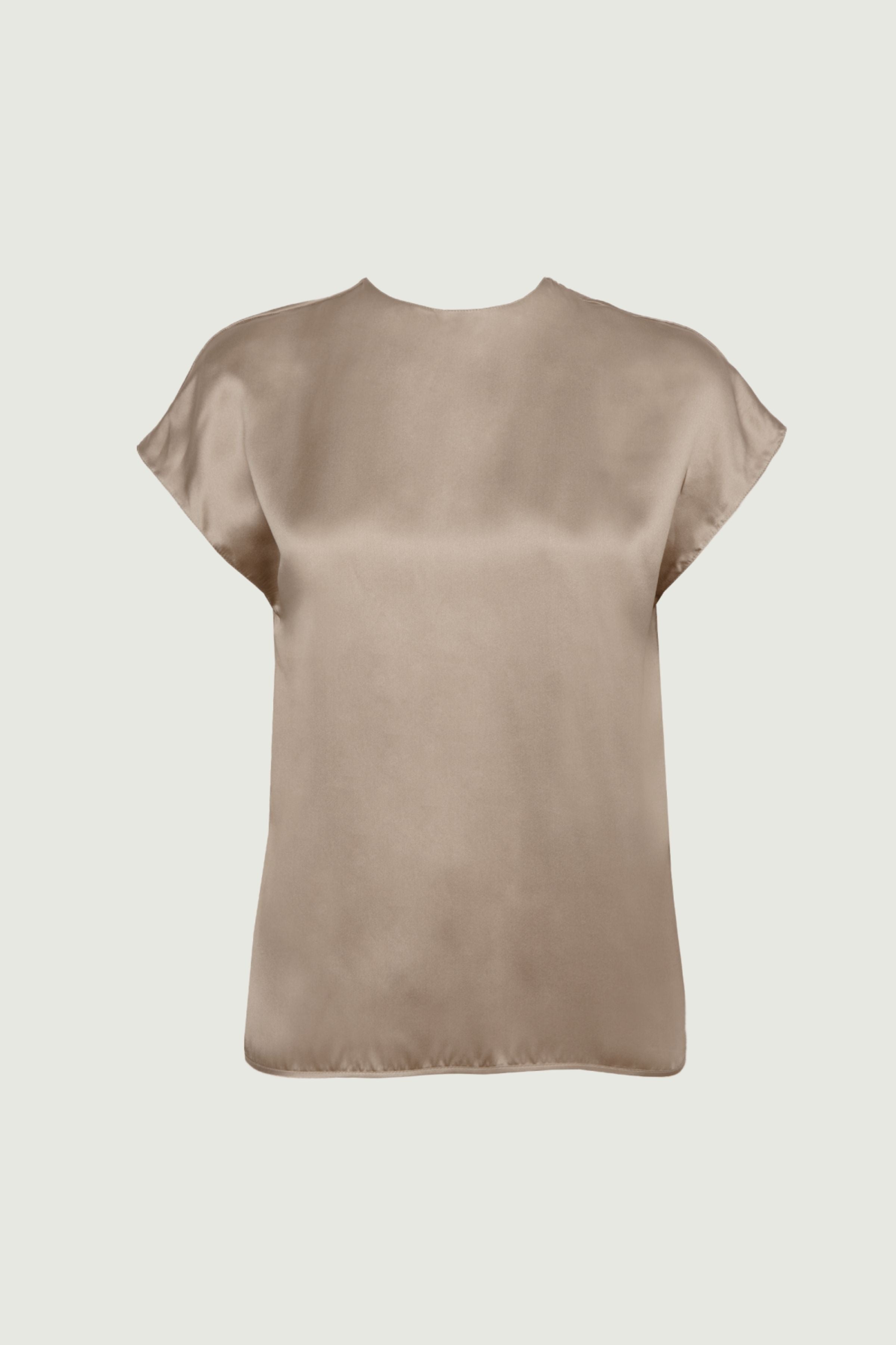Gold sand organic silk short sleeve top with smooth satin finish and clean silhouette, front view, made in Italy