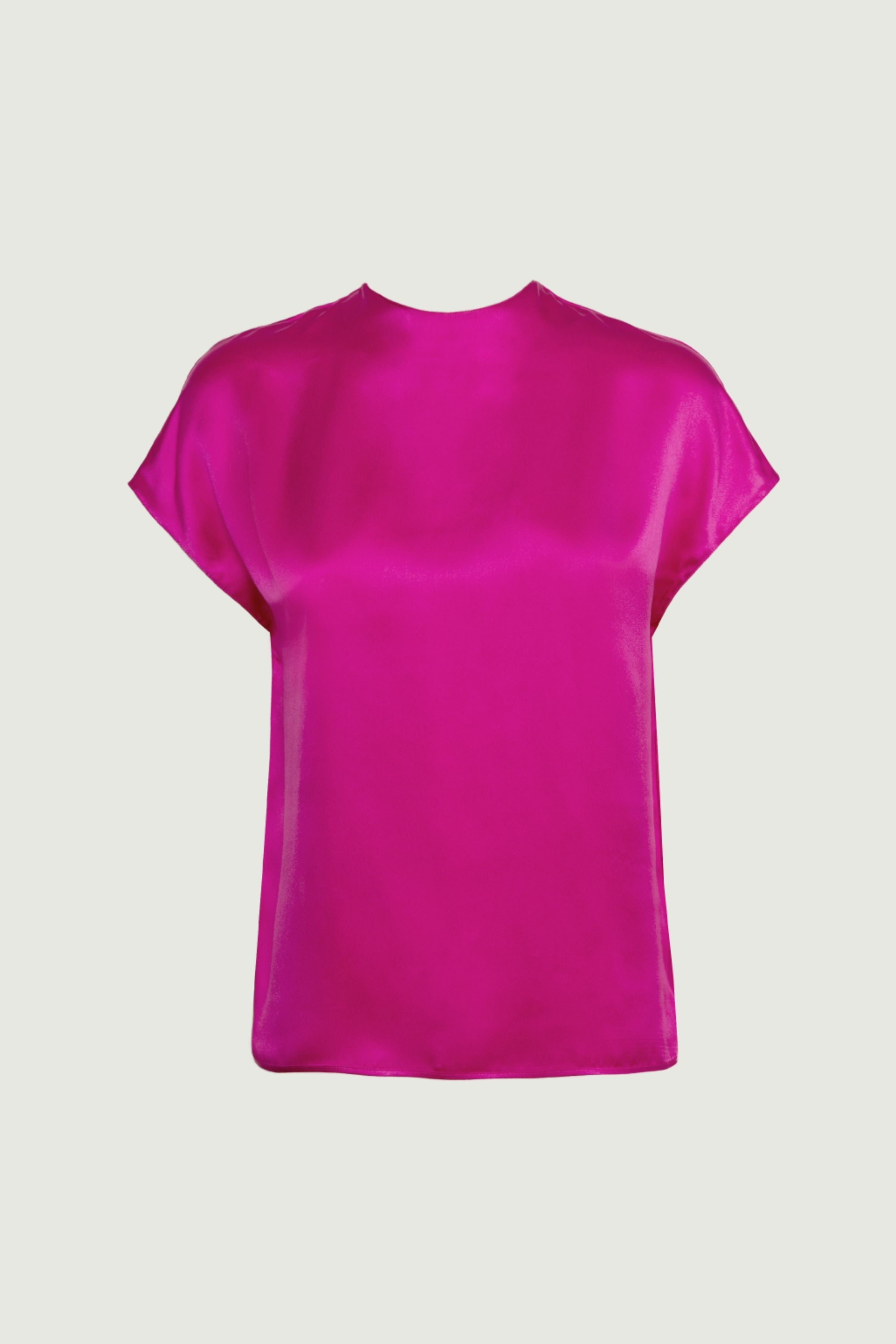 Hot pink organic silk short sleeve top with luminous finish and fluid silhouette, front view, made in Italy