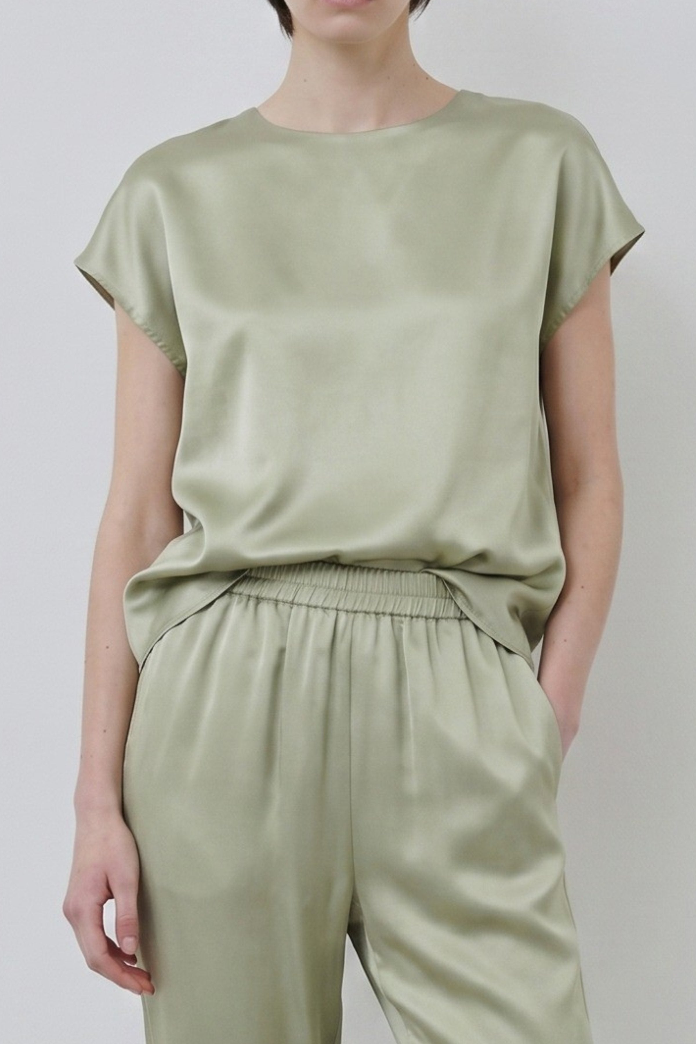 Tea tone organic silk top and trousers with soft drape and fluid silhouette detail