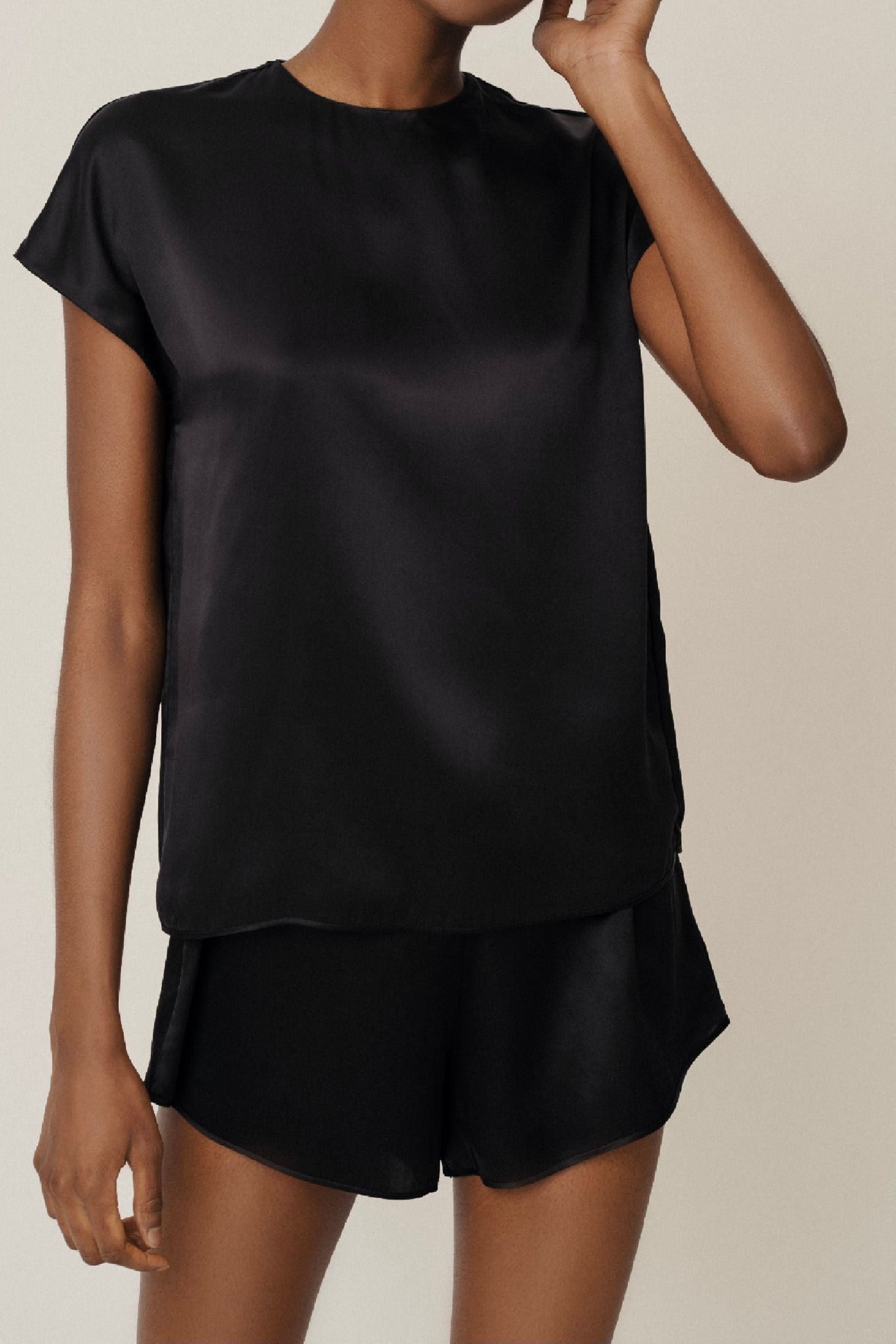 Black organic silk top and shorts set, front view