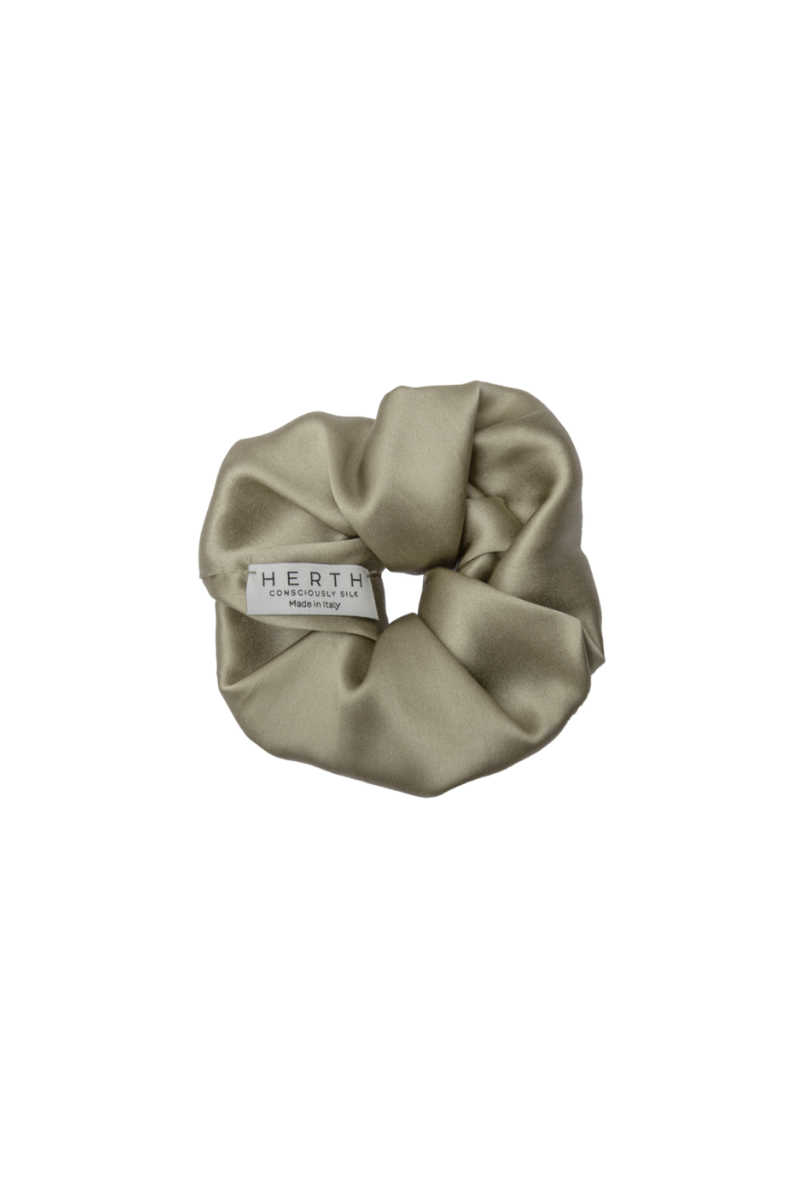 Edi refined scrunchie in gold sand organic silk — luxurious and elegant hair accessory crafted sustainably by HERTH.