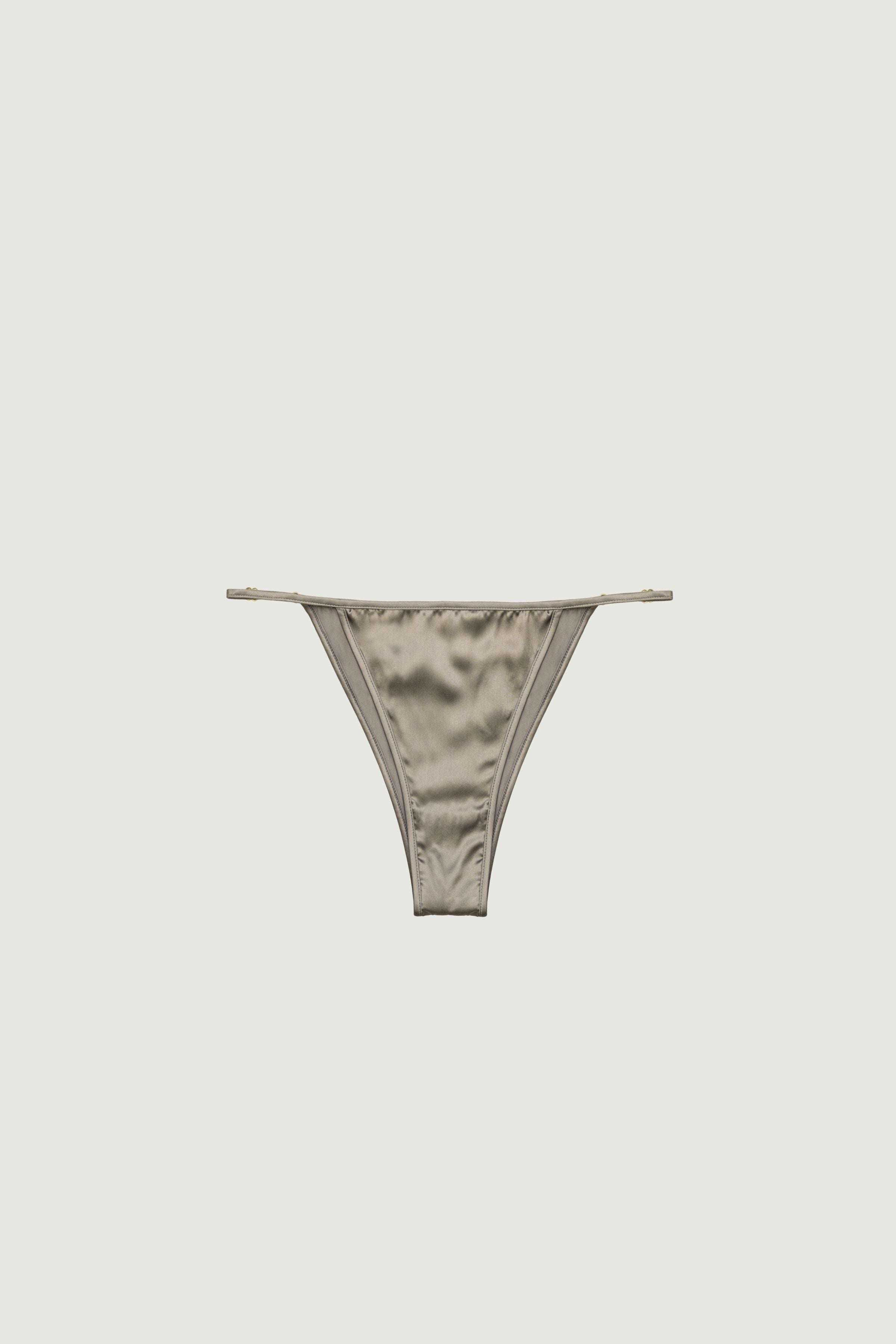 Gold sand silk mid-rise panty with adjustable side straps and gold rings, front view showing minimal design