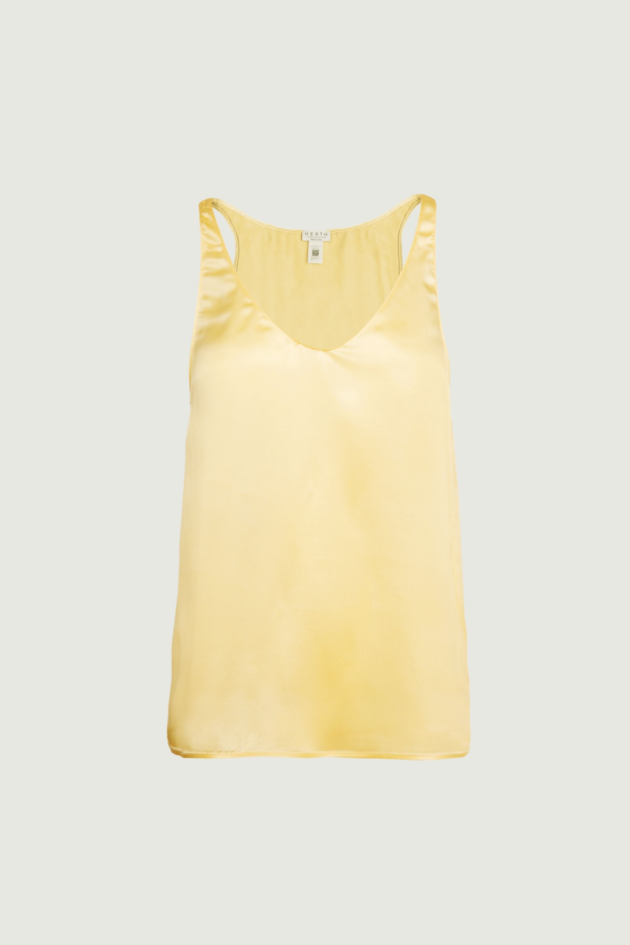 Butter yellow organic silk tank top with smooth luminous finish and straight fluid cut, front view, made in Italy