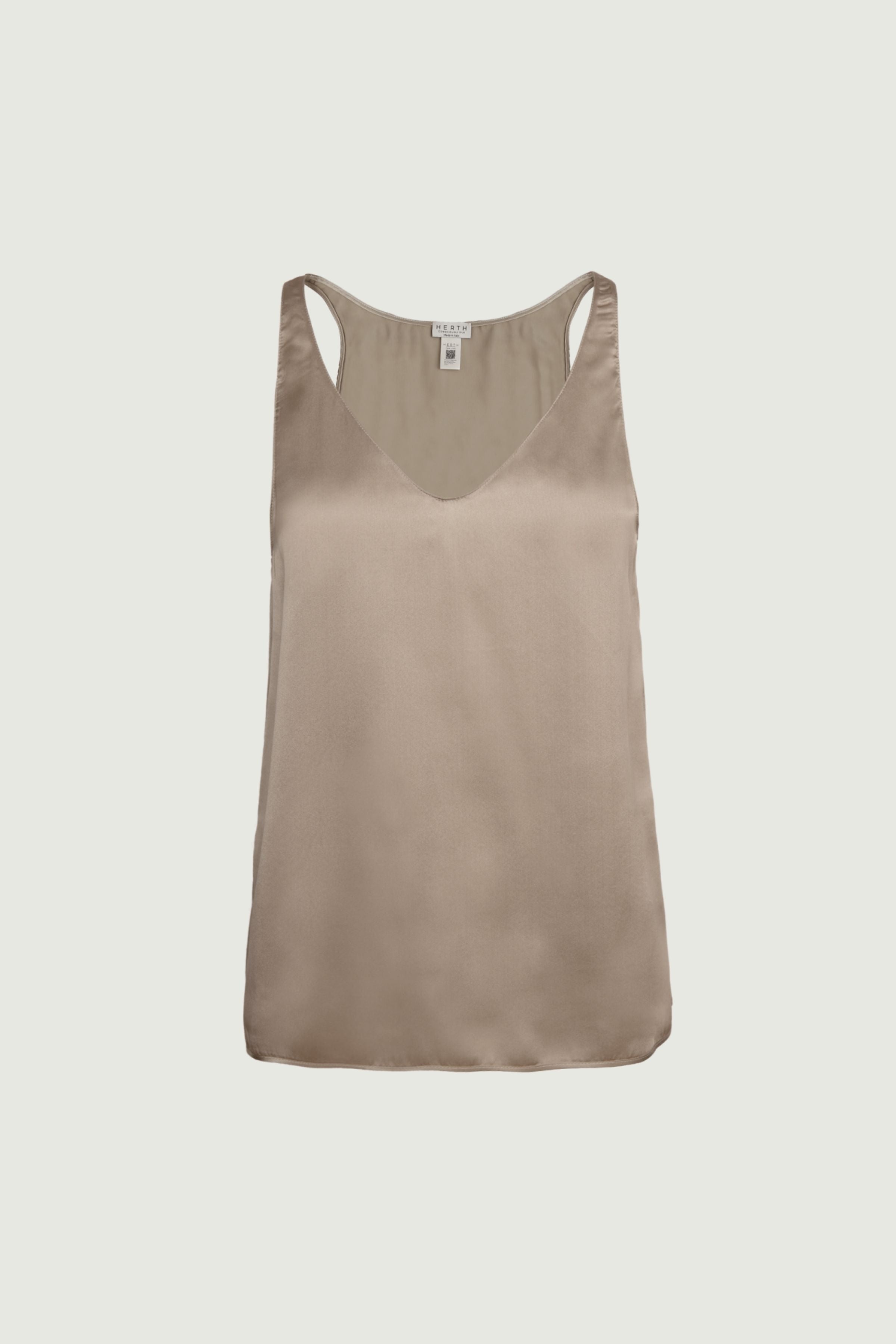 Gold sand organic silk tank top with warm beige tone and fluid drape, minimalist sleeveless design, front view, made in Italy