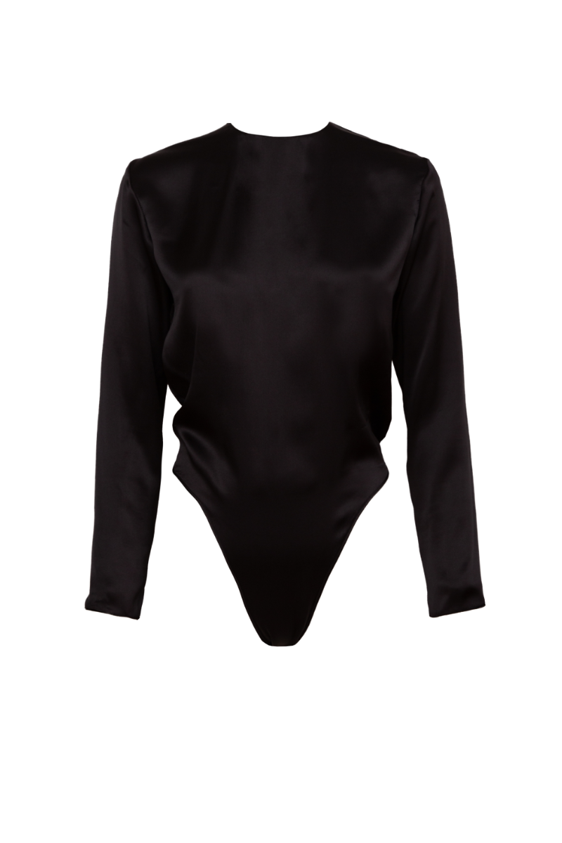 Ely Black Silk Bodysuit – Elegant Long Sleeve Design HERTH®