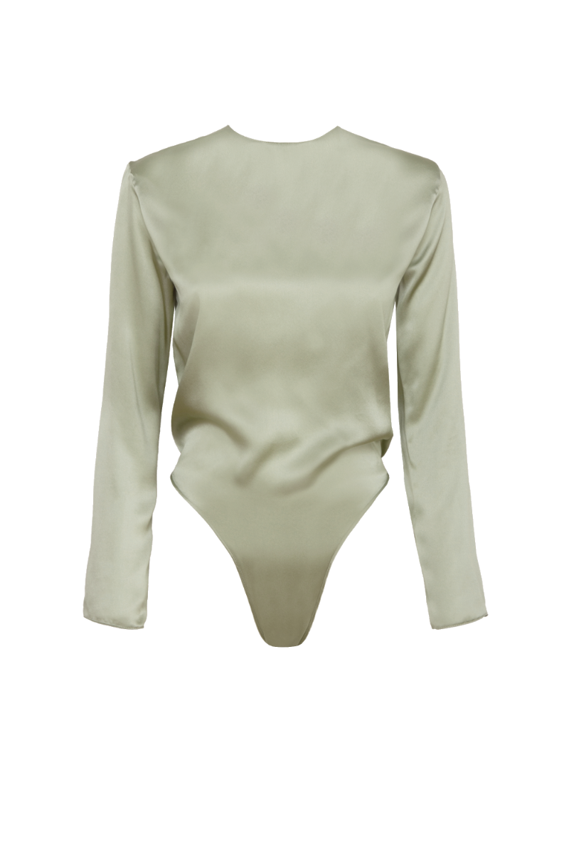 Front view of Ely long sleeve bodysuit in Green Tea organic silk — soft drape and minimal elegance, premium womenswear made in Italy by HERTH