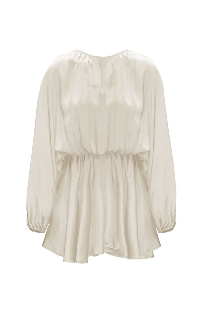 Front view of Ema mini dress in almond organic silk — airy sleeve sustainable womenswear by HERTH.