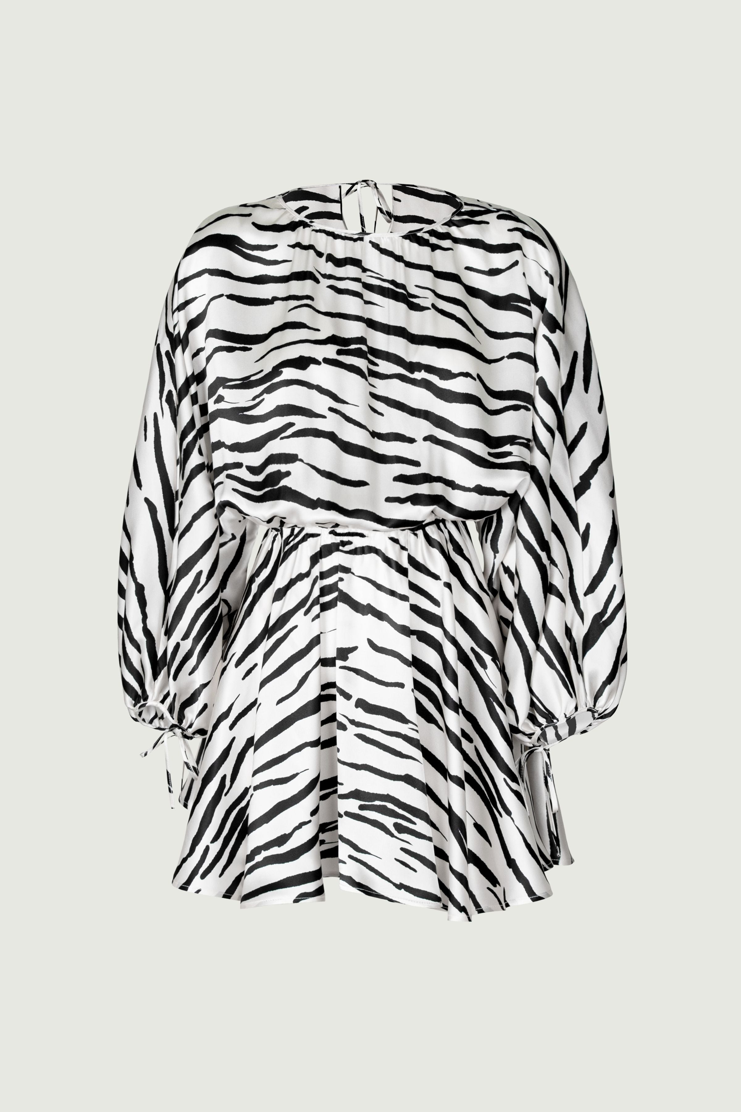 Zebra print silk mini dress with gathered back and elasticated waist, back view highlighting bold pattern and fluid silhouette