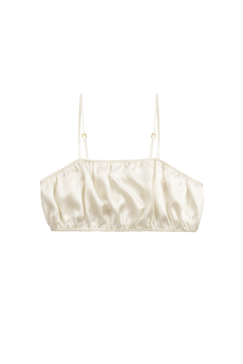 Front view of Eve bandeau top in Almond organic silk — sustainable and elegant lingerie piece by HERTH