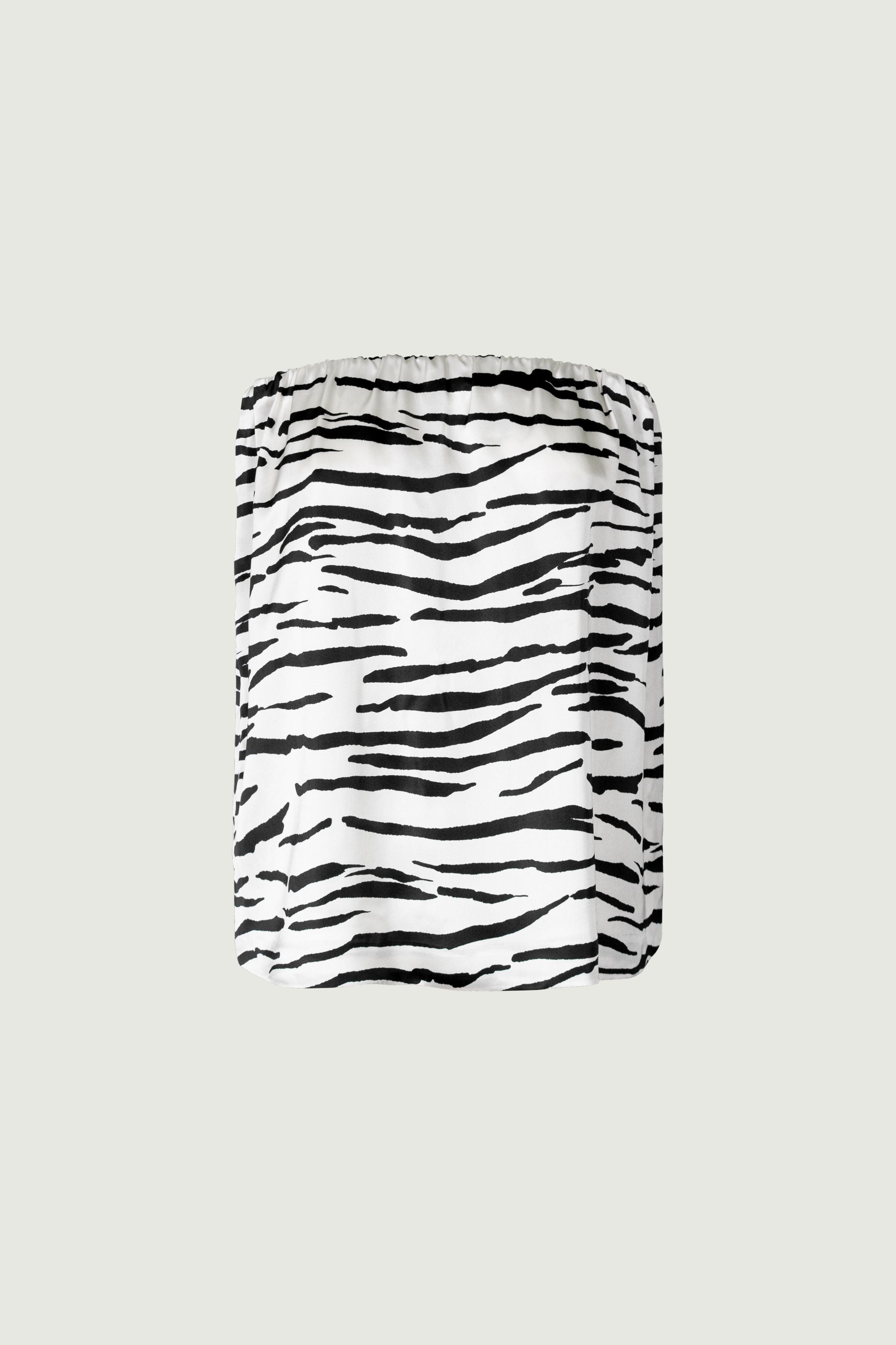 Zebra print silk off-shoulder top with elastic neckline, front view
