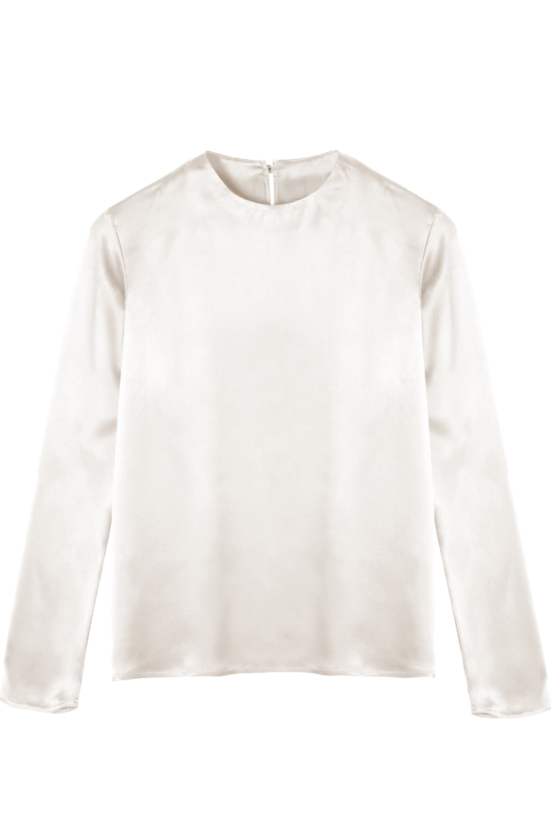 HERTH Andie organic silk long-sleeve top in Almond, still-life front view.