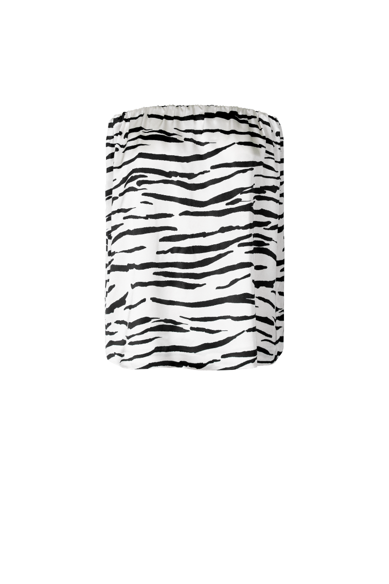 HERTH Gala strapless top in organic silk with zebra print — elegant, conscious, and statement-making design and womenswear.