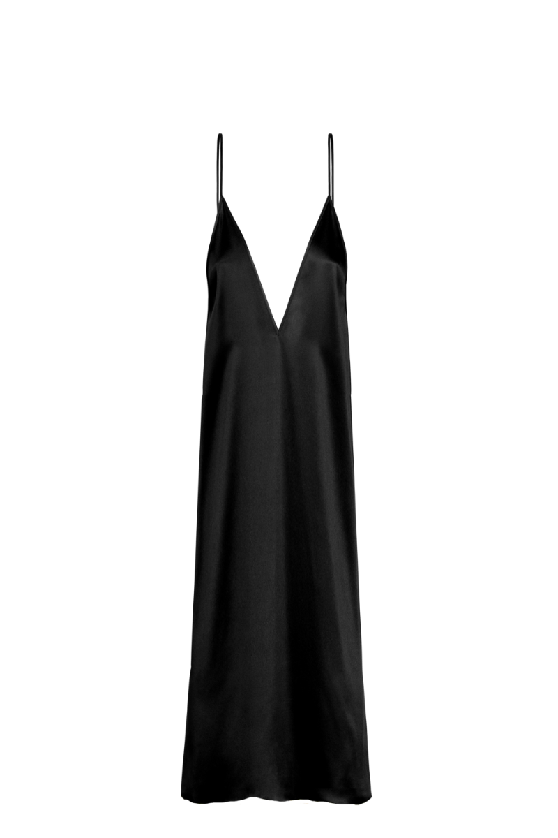 Front-facing packshot of the INEZ dress in black — full-length silk slip dress with minimalist cut and thin straps, displayed on a transparent background. Luxury conscious womenswear by HERTH.