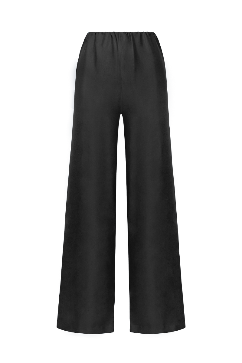 HERTH Joy organic silk wide-leg trousers in black, still-life front view.