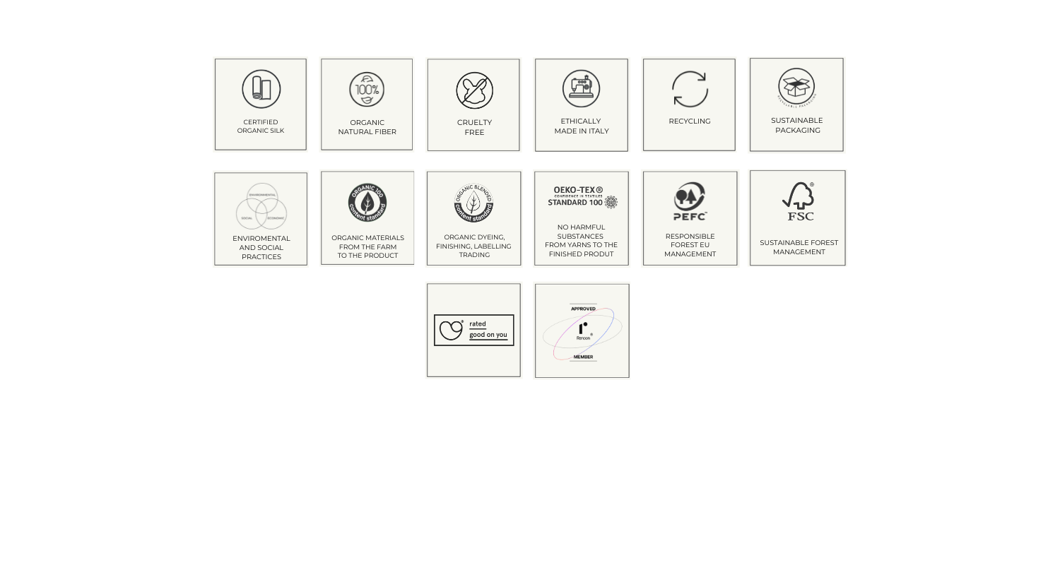 HERTH sustainability and ethical certifications — organic silk, natural fibers, cruelty free, ethically made in Italy, recycling, sustainable packaging and other environmental standards.