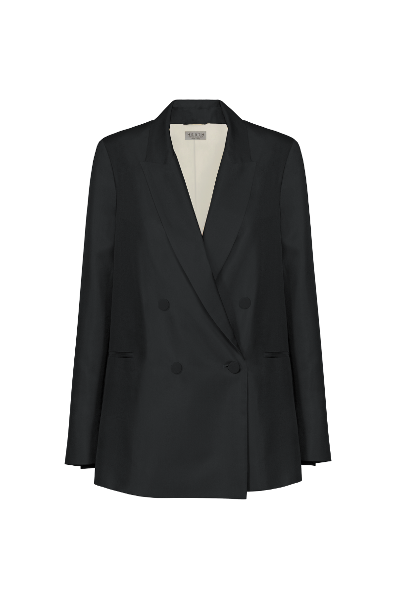 HERTH Uma organic silk blazer in Black, double-breasted still-life front view.