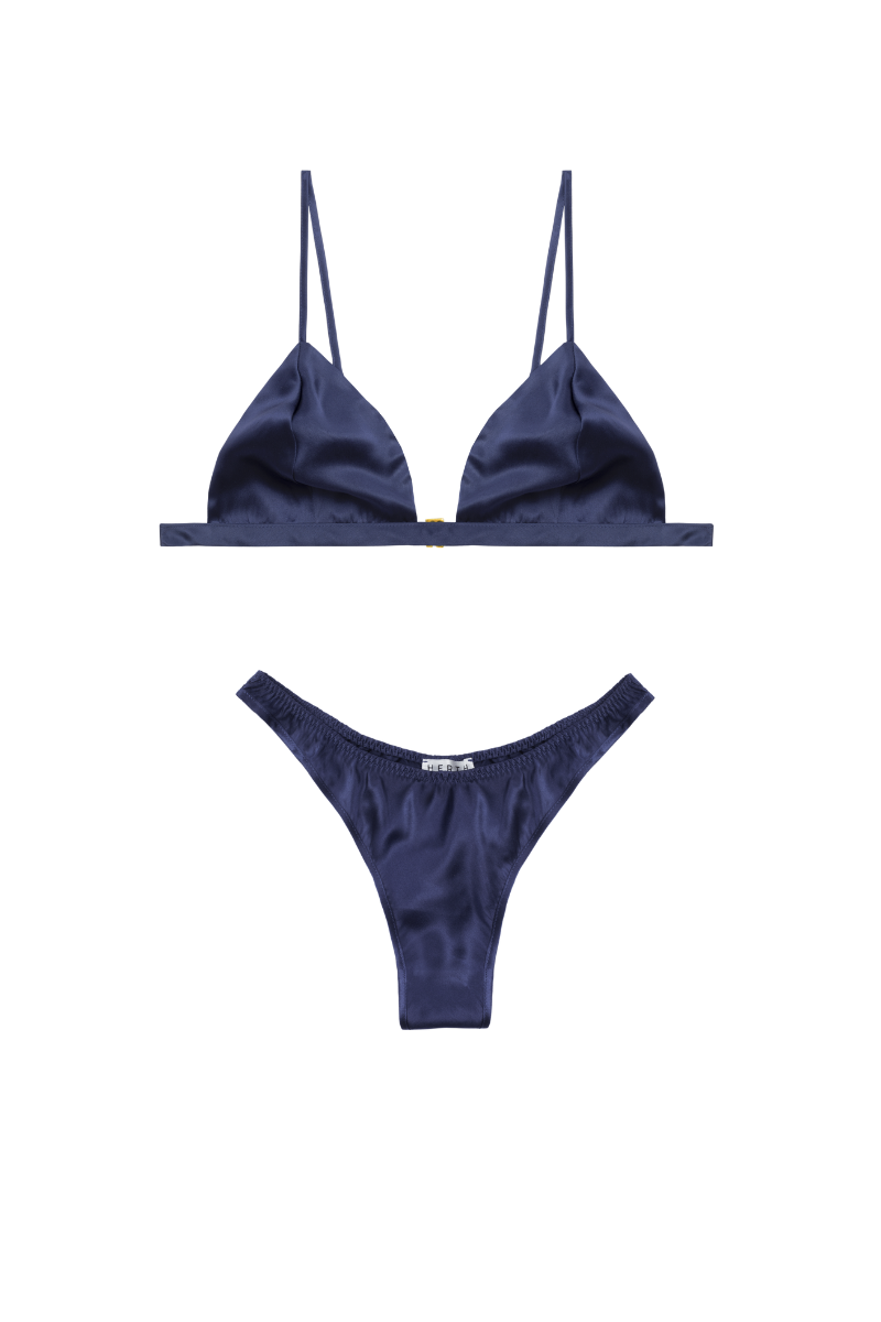 Ivy triangle bra and Jude high-cut panty in navy blue organic silk – elegant, sustainable lingerie set by HERTH
