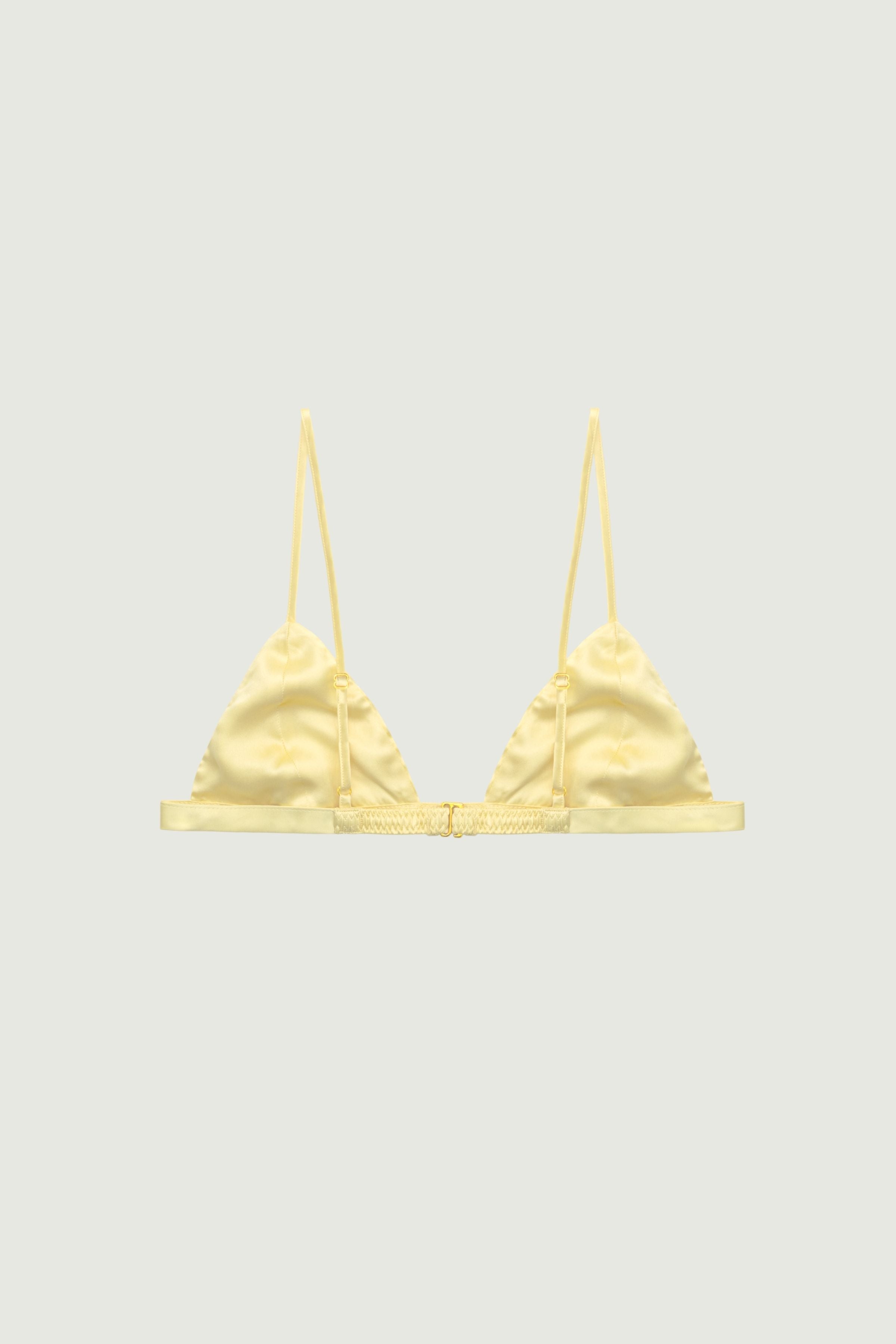 Butter yellow silk triangle bra back view with adjustable straps and hook closure, smooth band and fluid construction for a soft comfortable fit