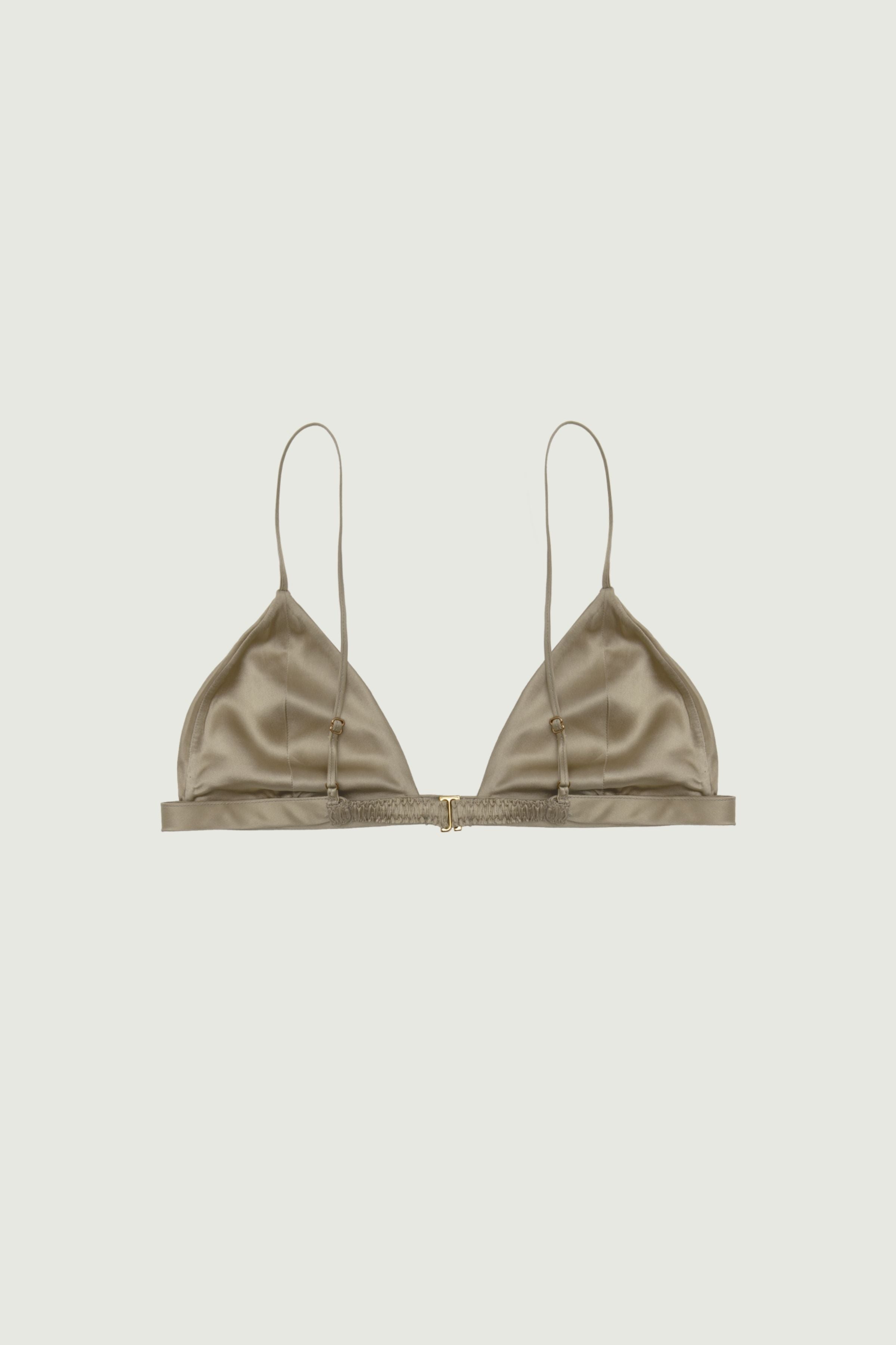Gold sand silk triangle bra back view with adjustable straps and hook closure, clean band and fluid construction with a subtle sheen
