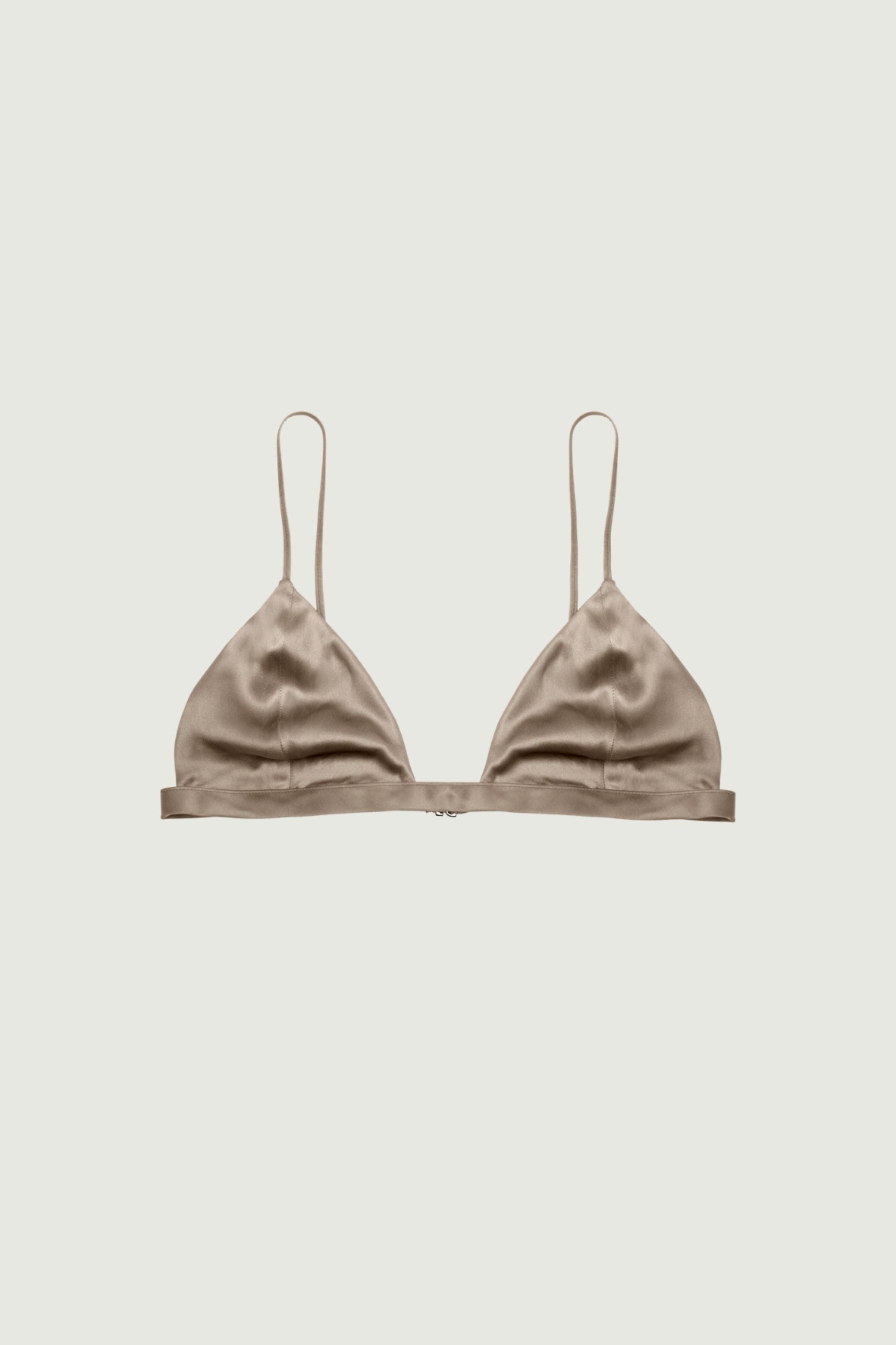 Gold sand silk triangle bra with soft cups and thin adjustable straps, front view highlighting luminous tone and smooth refined finish