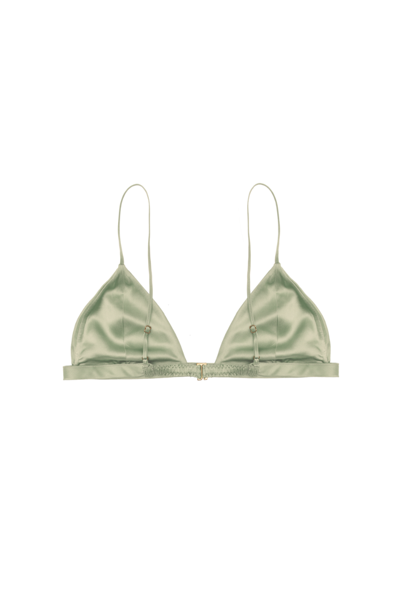 Back view of Ivy triangle bra in green tea GOTS certified silk – ethical lingerie HERTH.