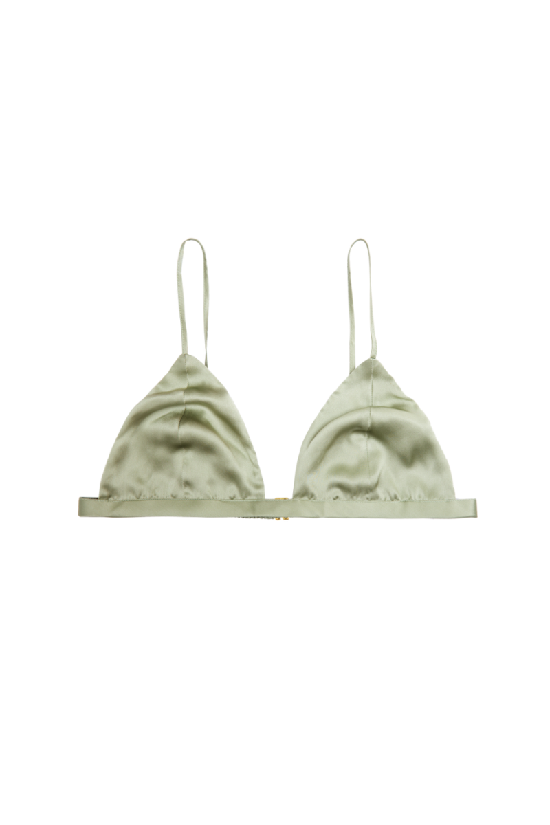 Ivy triangle bra in green tea organic silk, front view – sustainable lingerie by HERTH.