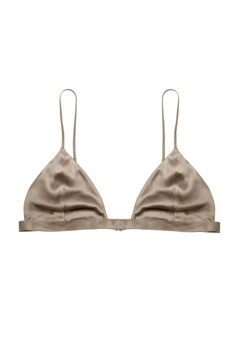 Ivy triangle bra in gold sand organic silk — soft-cup, wireless bra crafted in sustainable silk by HERTH