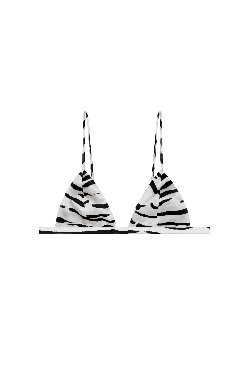 Ivy triangle bra in zebra-print organic silk – bold, minimal lingerie sustainably crafted by HERTH