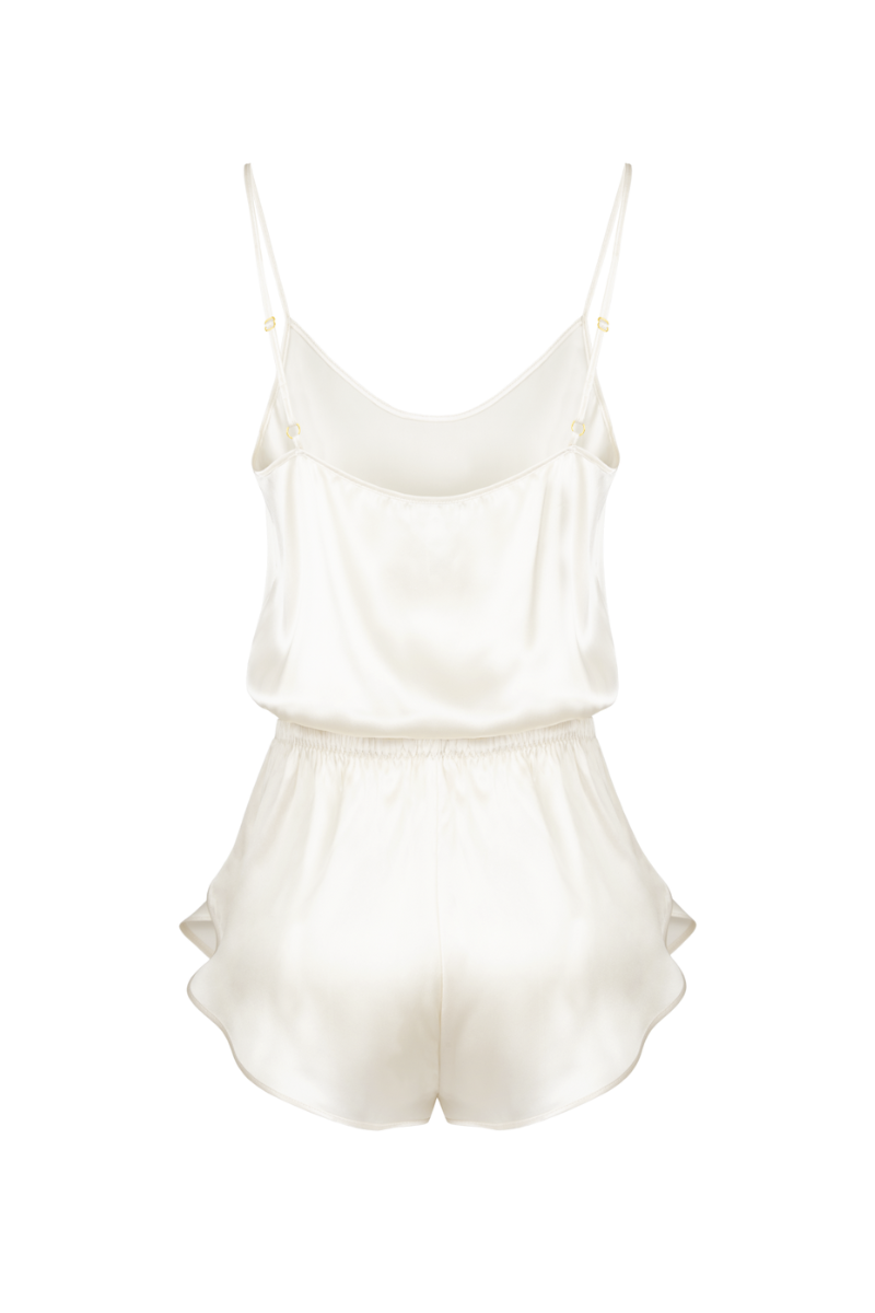 Back view of Janis short romper in almond organic silk — sustainable lingerie by HERTH