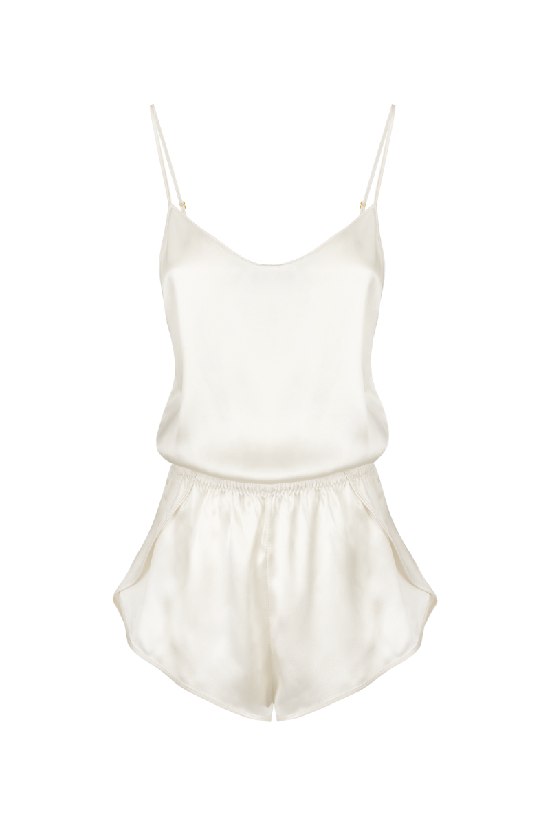Front view of Janis short romper in almond organic silk — sustainable lingerie by HERTH.