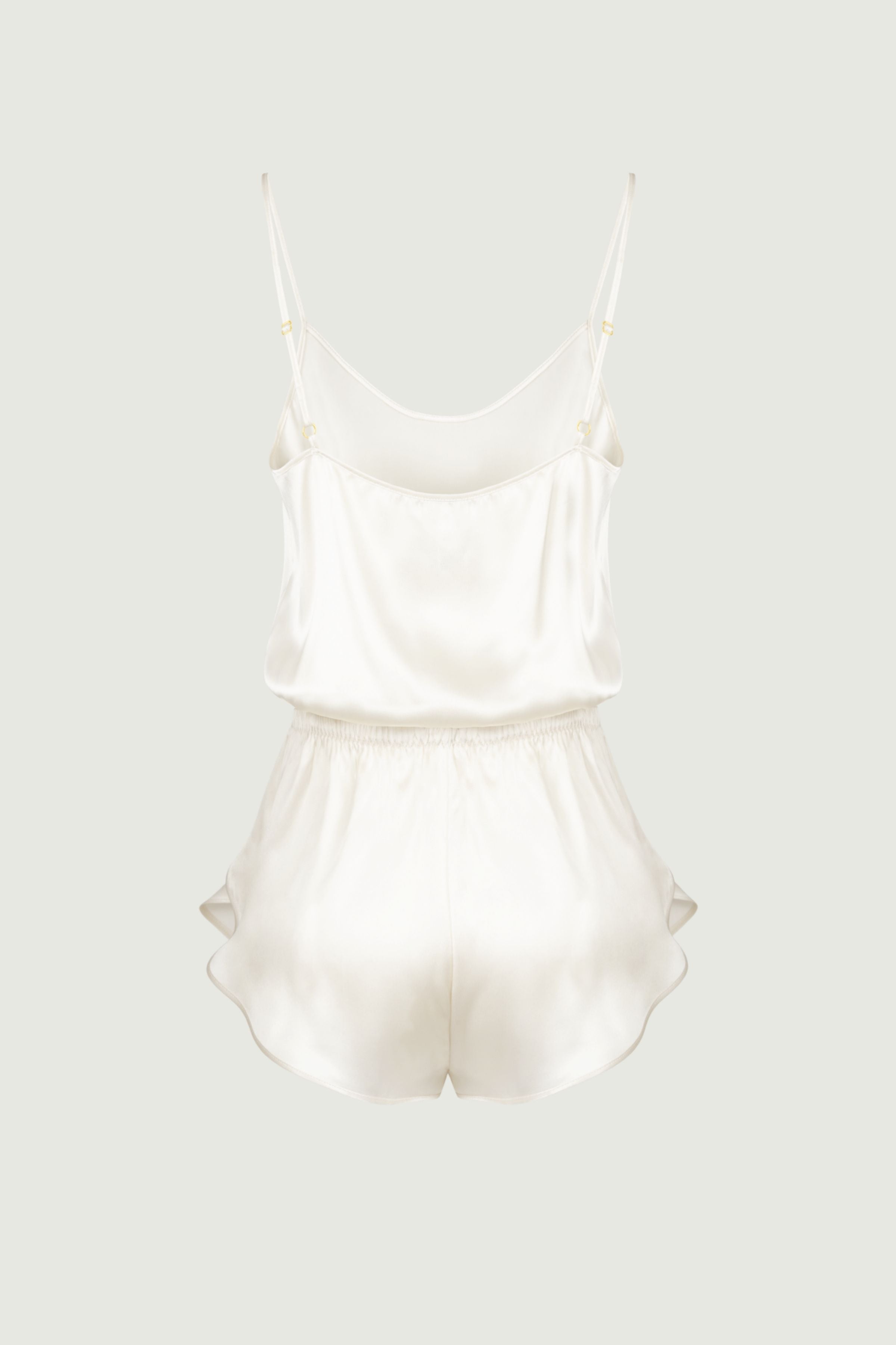 Janis short romper in almond organic silk back view with thin straps and softly draped fit, fluid womenswear made in Italy